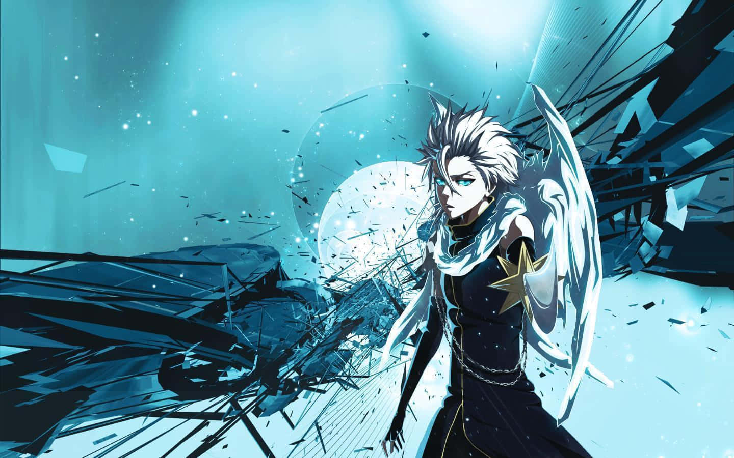Toshiro Hitsugaya 桌布 壁紙 — 一個頭髮尖刺的動漫天使，發光的眼睛，站在明亮的月亮下破碎的玻璃中，場景是冷藍色調。