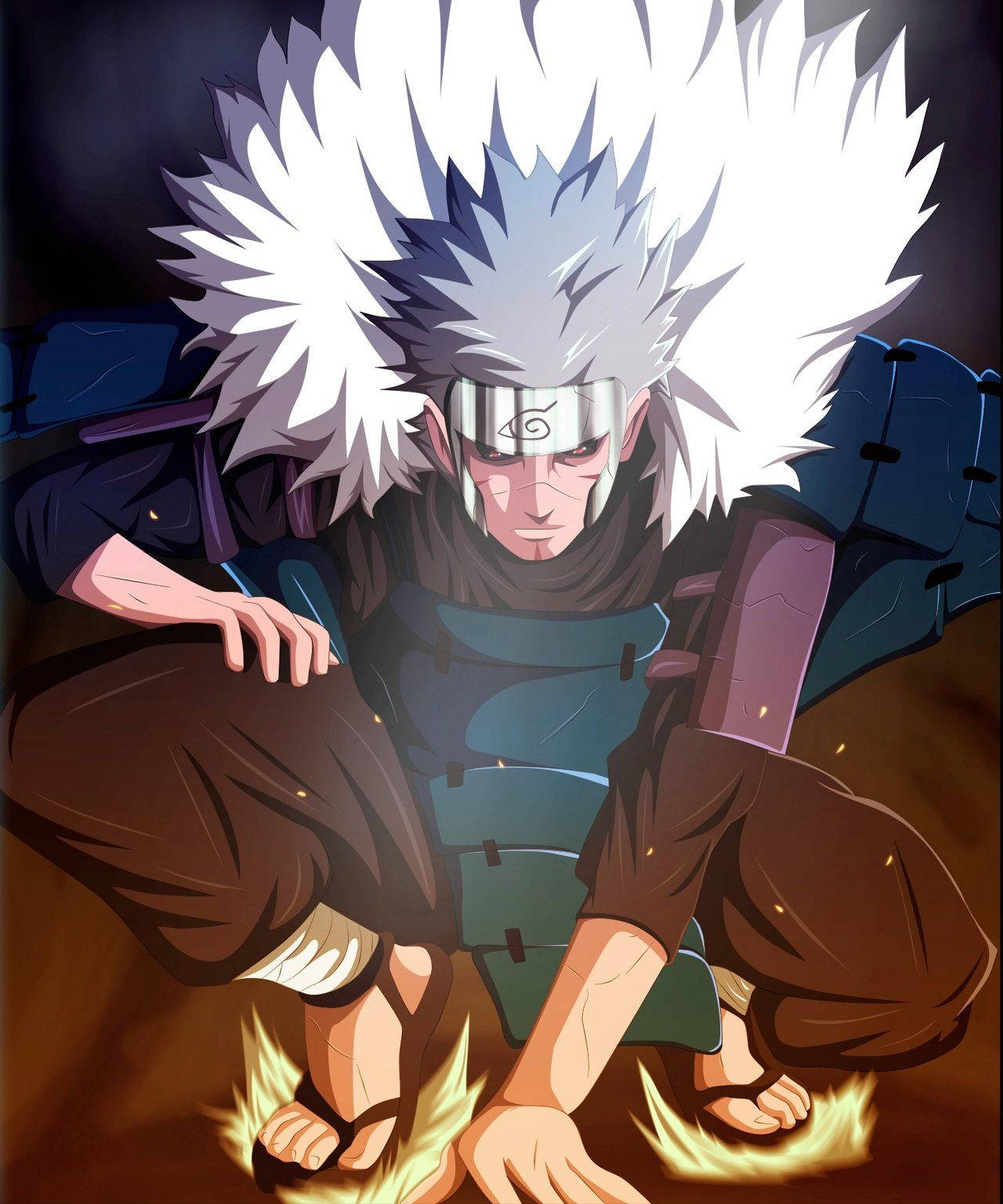 tobirama senju 桌布 壁紙 — 一個頭髮尖刺的動漫忍者蹲下，腳邊有火焰，穿著盔甲和頭帶，在戲劇性的燈光下。