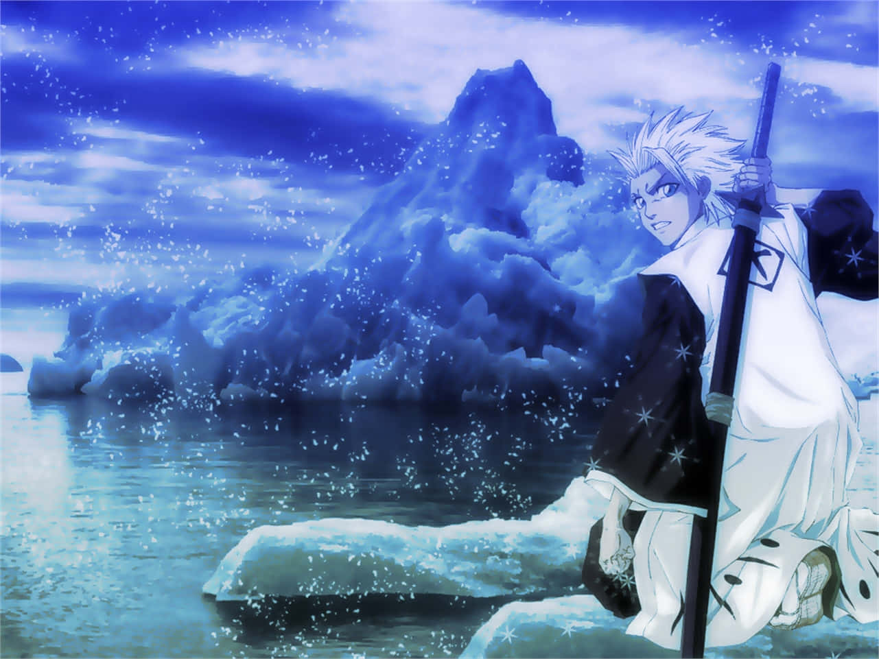 Toshiro Hitsugaya 桌布 壁紙 — 一個頭髮尖刺的動漫戰士穿著白色和黑色長袍，跪在冰上，手持法杖，背景是漂浮的冰山和滿天星斗的藍天。