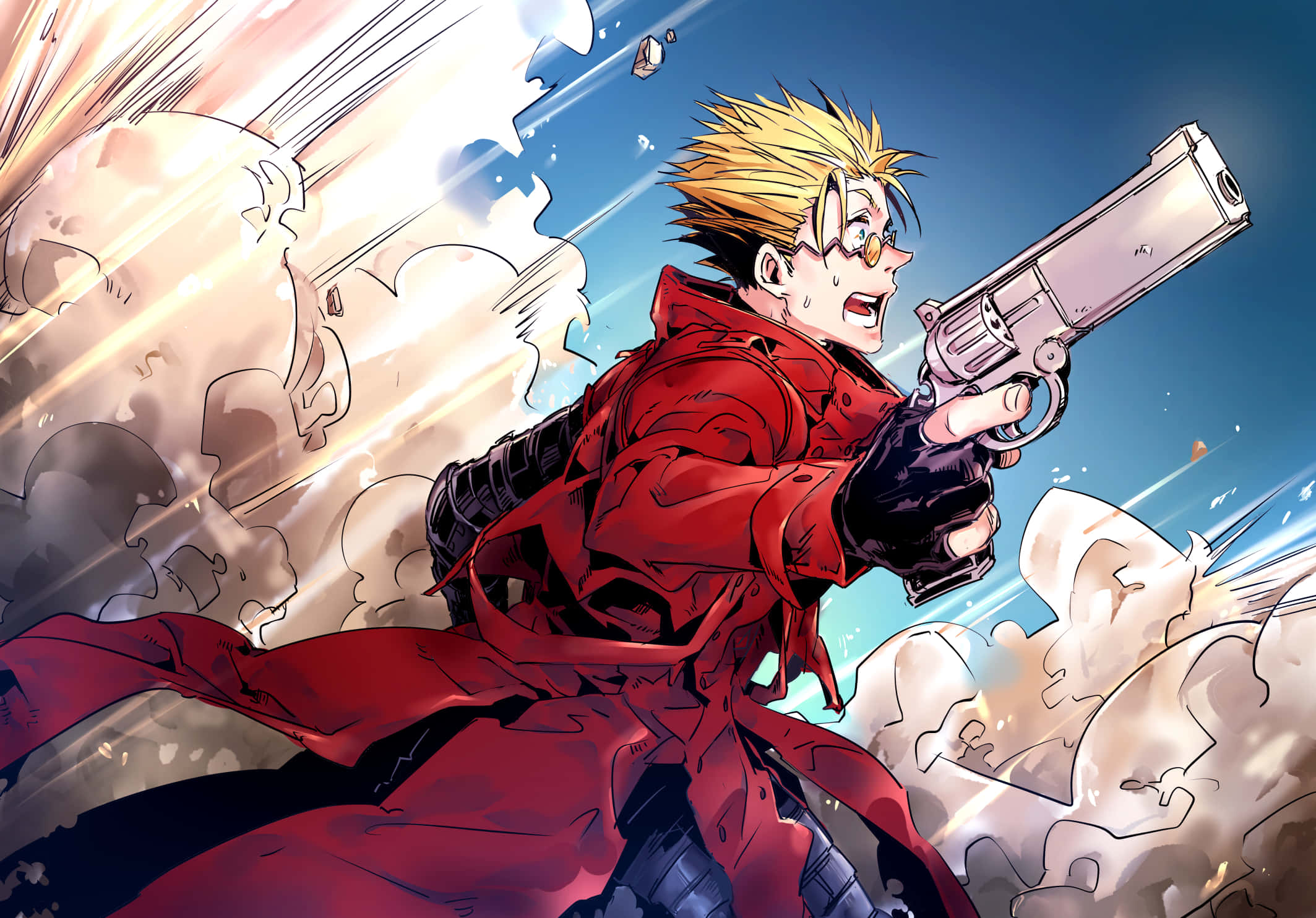 Vash The Stampede 桌布 壁紙 — 一個頭髮尖刺的動漫男人，身穿紅色外套，在明亮的藍天下，在爆炸碎片中開槍射擊左輪手槍。