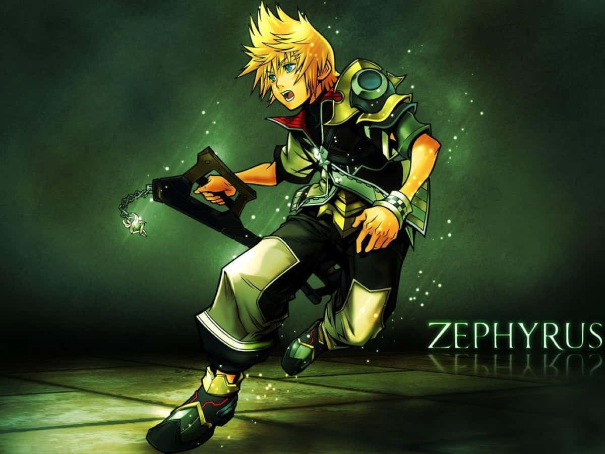 Kingdom Hearts Ventus 桌布 壁紙 — 一個頭髮尖刺的動漫男孩穿著綠色盔甲，向前衝刺，揮舞著發光的鑰刃，背景是深綠色閃閃發光。