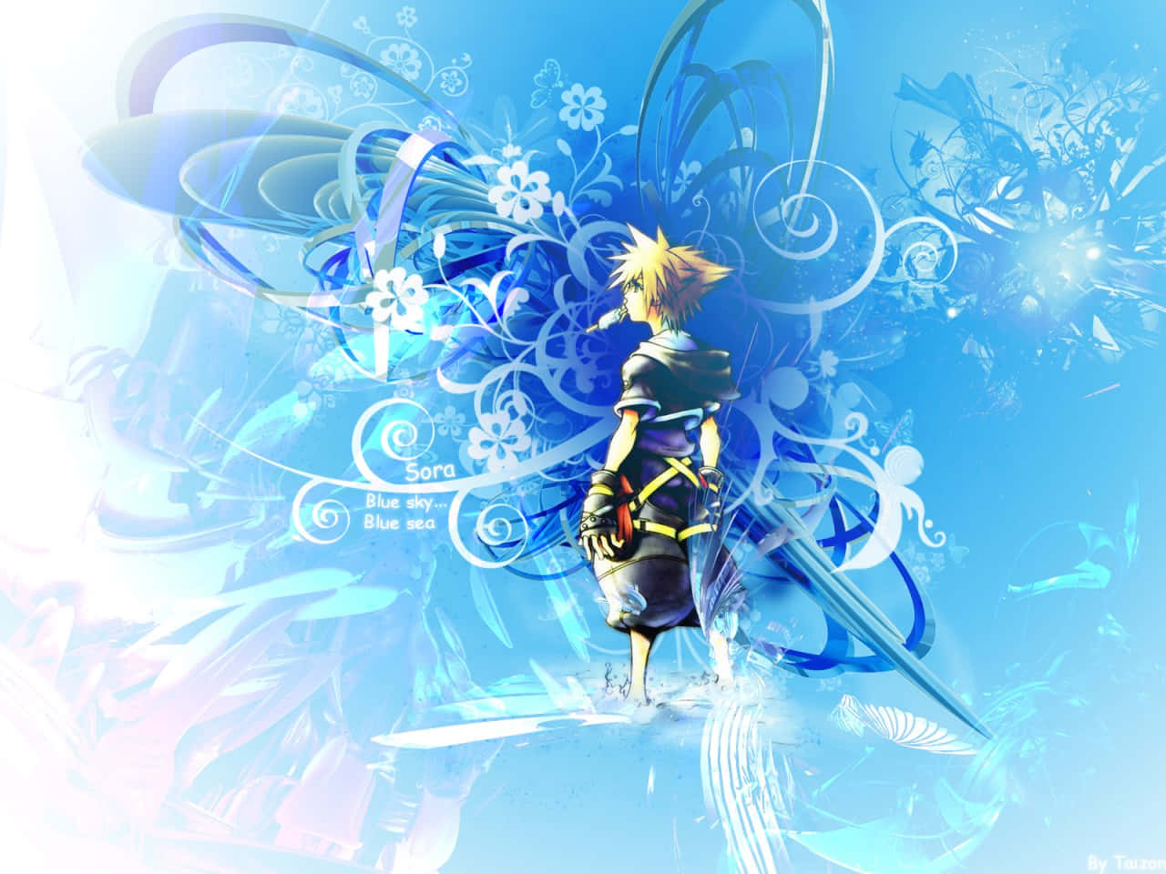 Kingdom Hearts 桌布 壁紙 — 一個頭髮尖刺的動漫男孩站在旋轉的藍色花卉圖案和發光效果背光下。