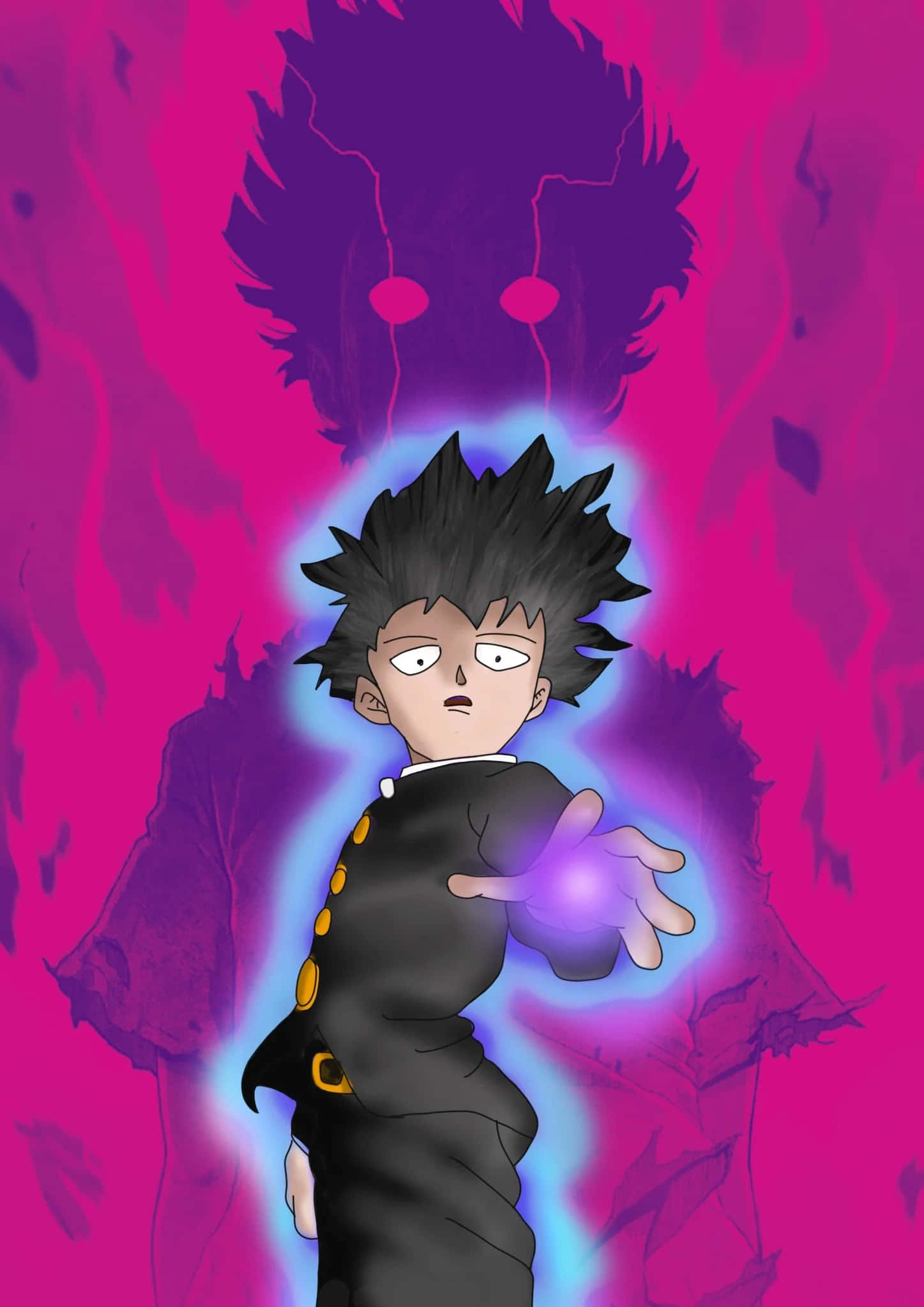 Shigeo Kageyama 桌布 壁紙 — 一個頭髮尖刺的動畫男孩穿著黑色制服，在充滿活力的粉紅色背景前，身後籠罩著一道威脅性的紫色陰影，並引導著發光的藍色能量。