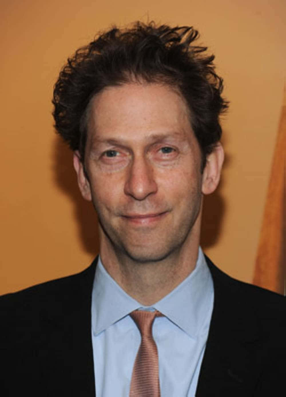 Tim Blake Nelson 桌布 壁紙 — 一個頭髮蓬鬆的深色頭髮男子，穿著黑色西裝、淺藍色襯衫和棕色領帶，背景是溫暖的橙色。