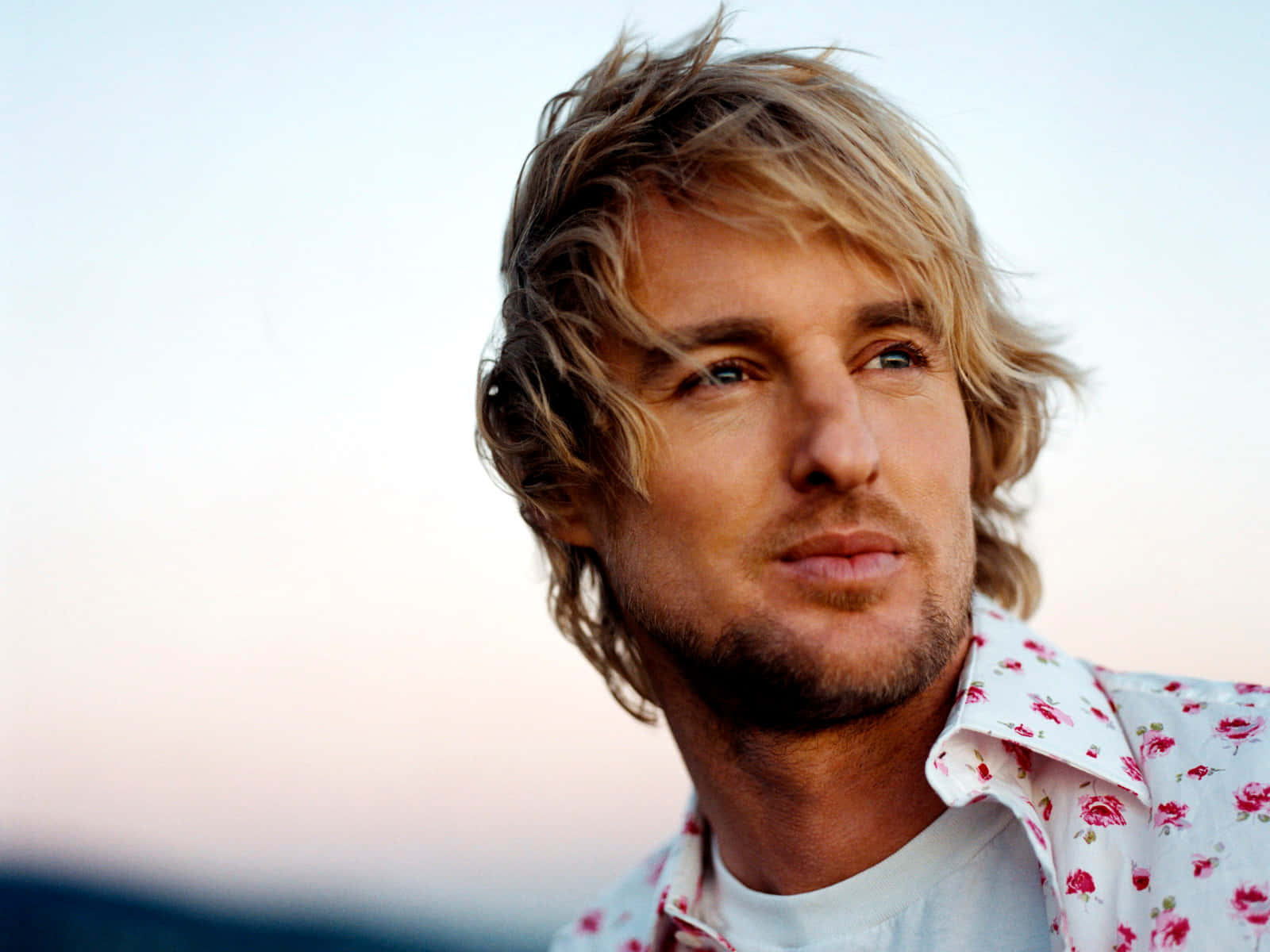 Owen Wilson 桌布 壁紙 — 一個頭髮蓬鬆的金髮男子，身穿花卉圖案襯衫，在柔和粉彩的日落天空下若有所思地凝視。