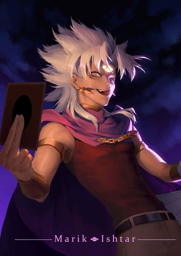 Marik Ishtar 桌布 壁紙 — 一個頭髮豎起、眼睛發光的動漫角色在深紫色夜空下拿著一張卡牌。