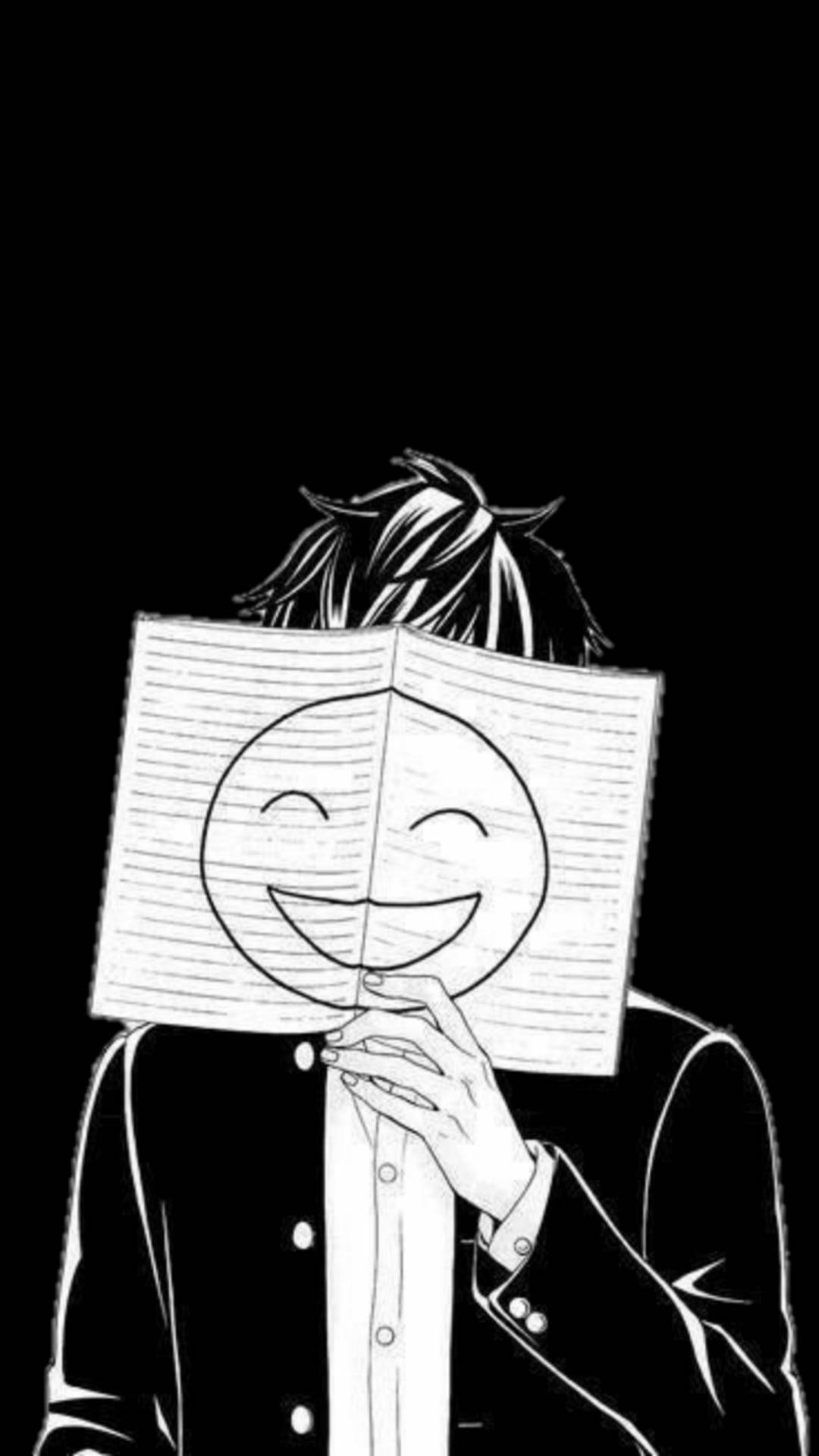 Depression Aesthetic 桌布 壁紙 — 一個頭髮豎起的人拿著一本畫有笑臉的間線筆記本遮住臉，背景為黑色。
