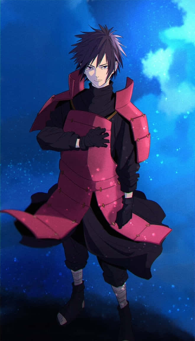 Izuna Uchiha 桌布 壁紙 — 一個頭髮豎起的動漫戰士，身穿紅色盔甲外套，在星光閃爍的藍色天空和發光粒子襯托下自信地站立。