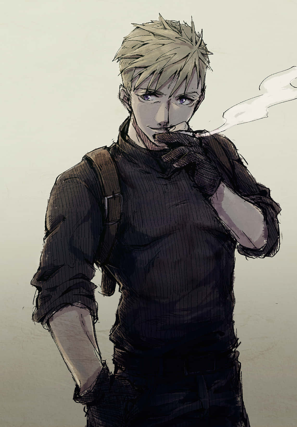 Jean Havoc 桌布 壁紙 — 一個頭髮豎起的動漫男人穿著深色衣服，在純色背景前抽煙，煙霧向上繚繞。