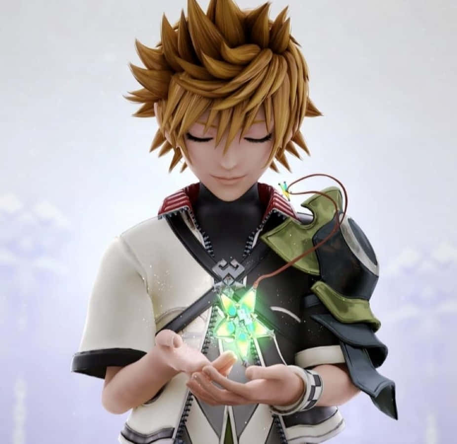 Kingdom Hearts Ventus 桌布 壁紙 — 一個頭髮豎起的動漫男孩，在柔和的雲天中輕輕抱著一個發光的綠色鑰匙形神器。