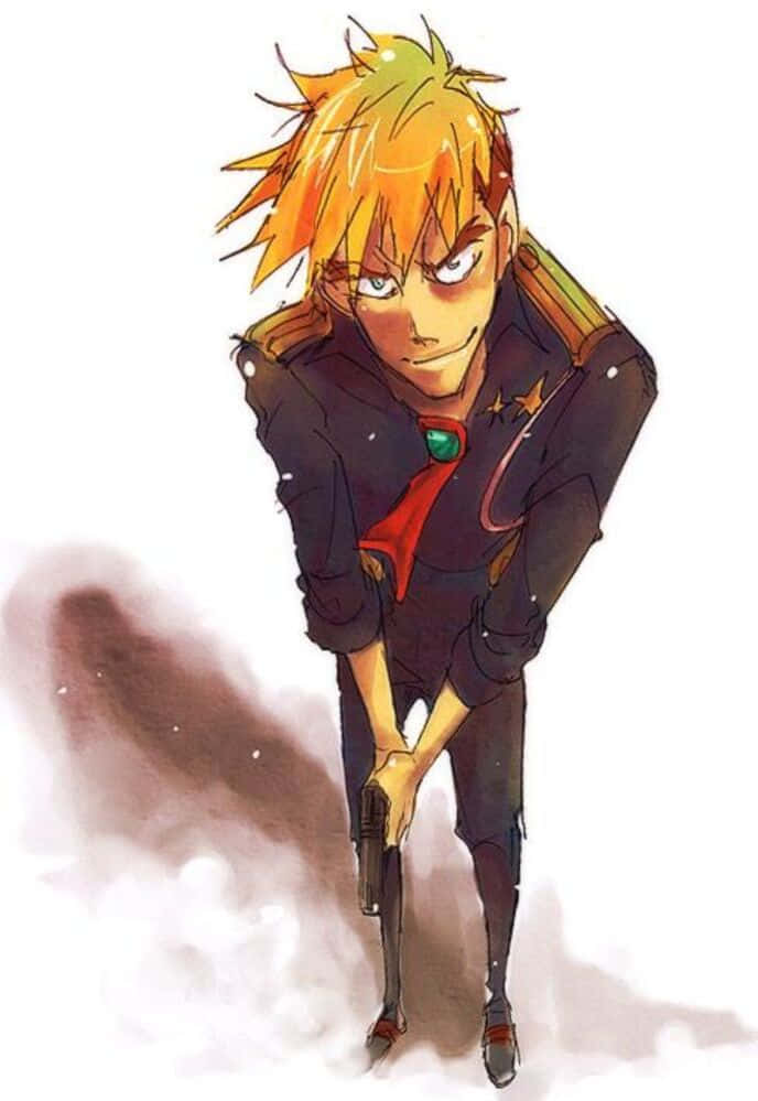 Kittan Bachika 桌布 壁紙 — 一個頭髮豎起的動漫男孩，身穿深色制服，手持手槍瞄準，身後有煙霧般的陰影。