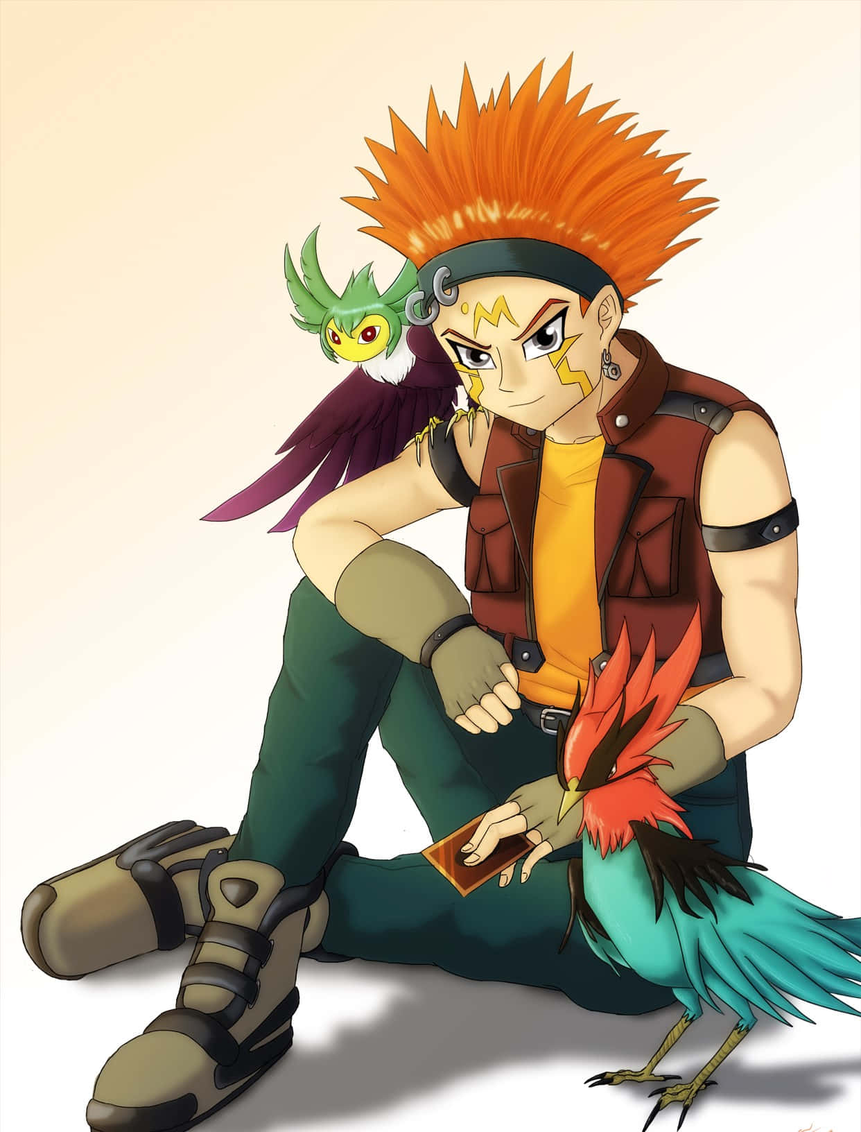Crow Hogan 桌布 壁紙 — 一個頭髮豎起的動漫男孩穿著背心坐著，兩隻色彩繽紛的鳥停在他身上拿著一張卡。