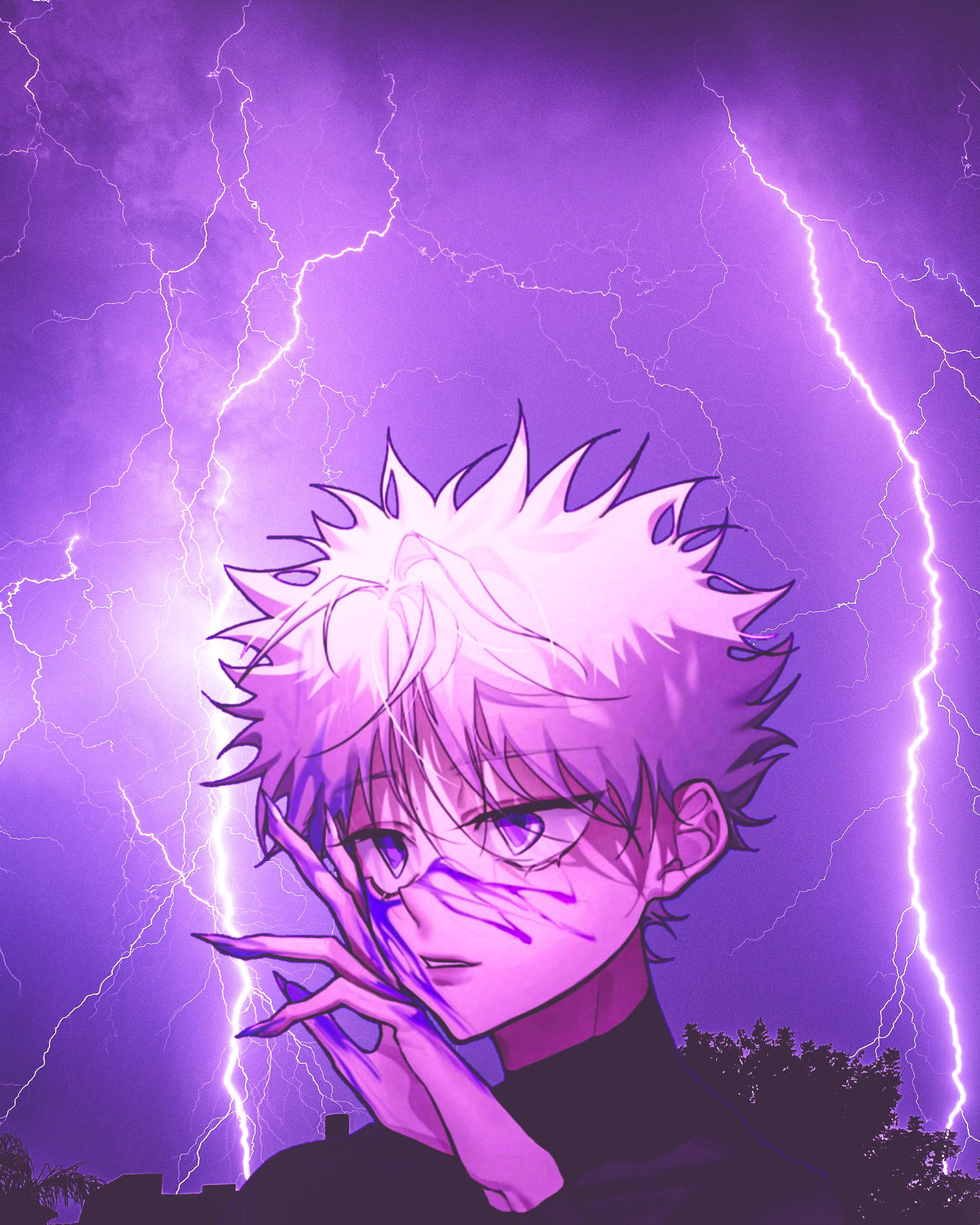  壁紙 — 一個頭髮豎起的動漫角色，背後有紫色閃電在暴風雨般的紫色天空中劈啪作響。