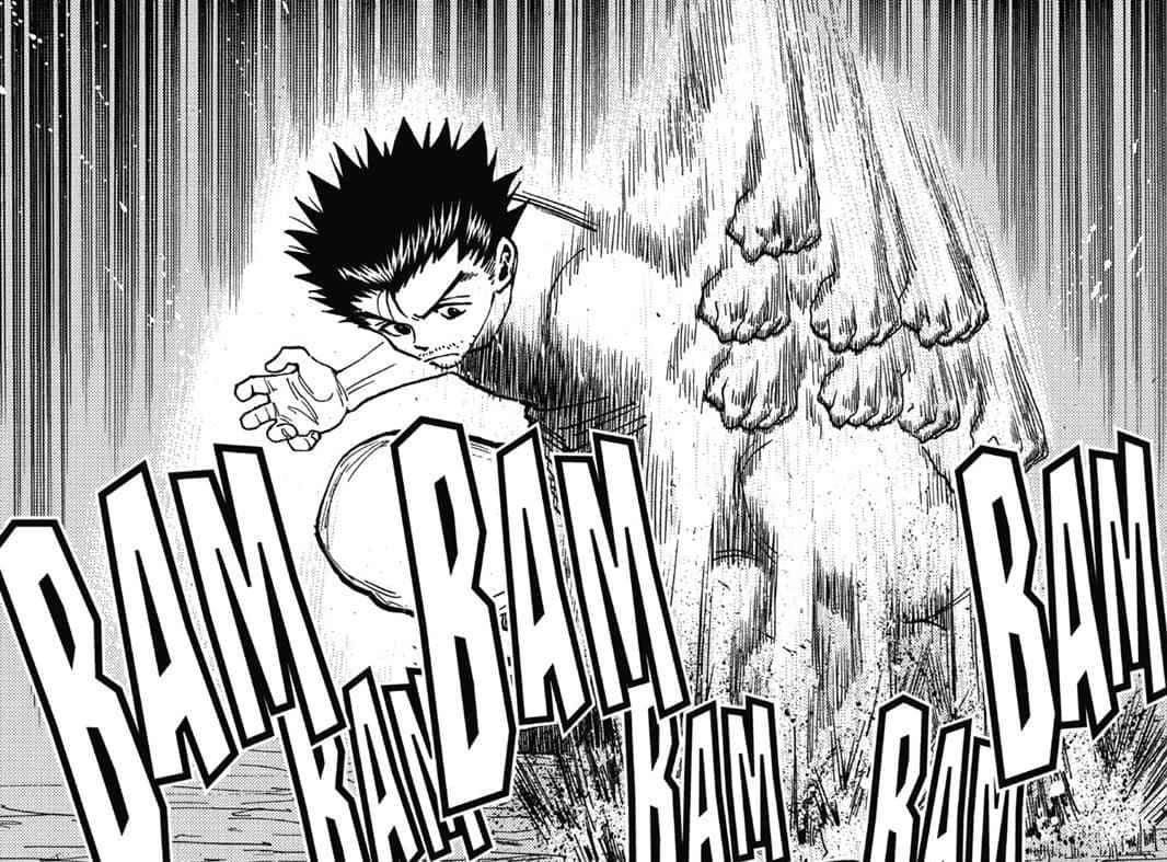 Ging Freecss 桌布 壁紙 — 一個頭髮豎起的動畫男孩，專注地向前揮拳，周圍爆發著動態的「BAM」音效。