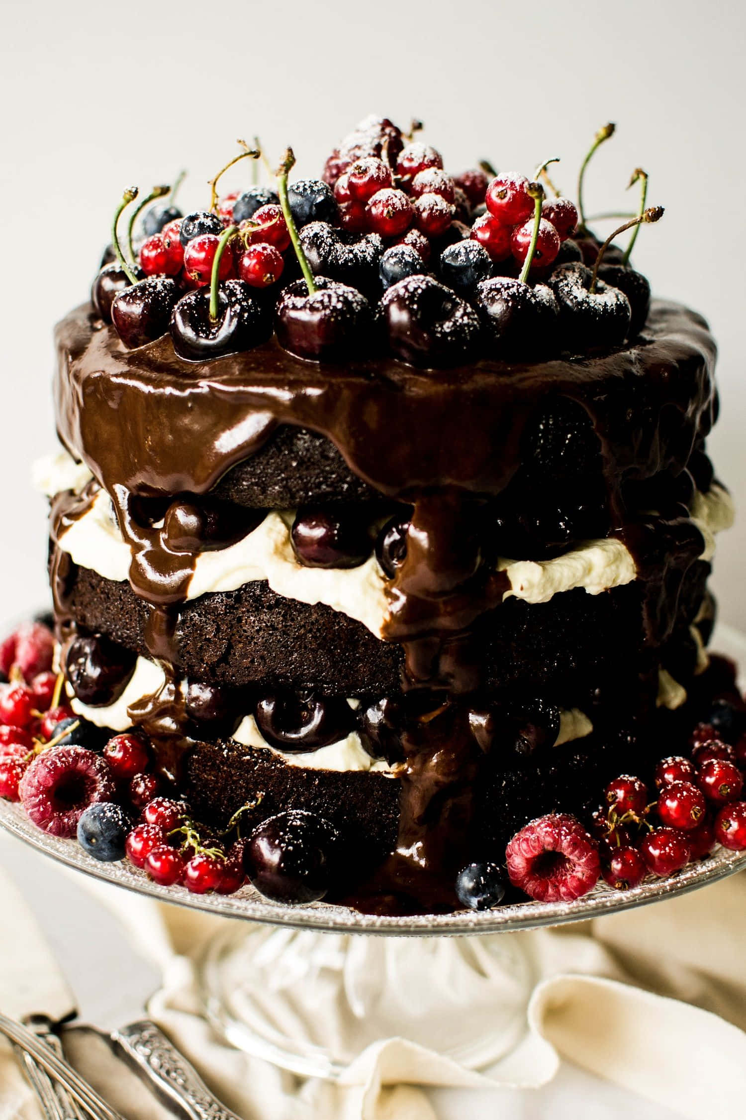 Black Forest Cake 桌布 壁紙 — 一個頹廢的朱古力蛋糕，帶有光澤的甘納許滴和新鮮漿果，放在銀色架上，背景是柔和的白色。