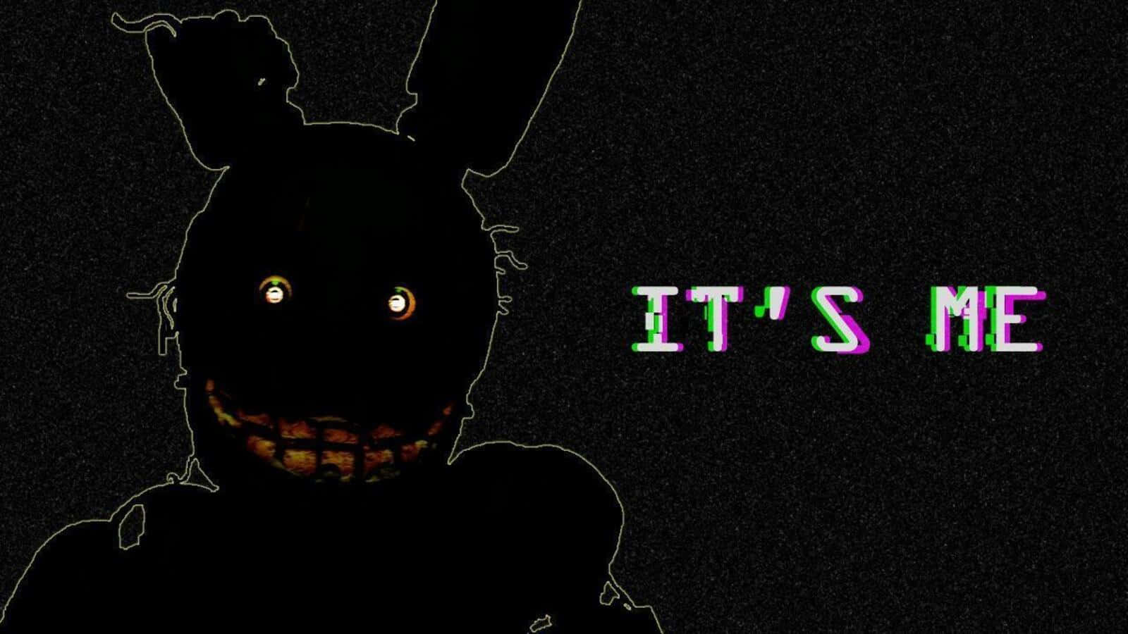 Springtrap 桌布 壁紙 — 一個類似兔子的電子動畫的故障剪影，帶有發光的眼睛和牙齒，背景是深色紋理，並有扭曲像素字母的「IT'S ME」文字。