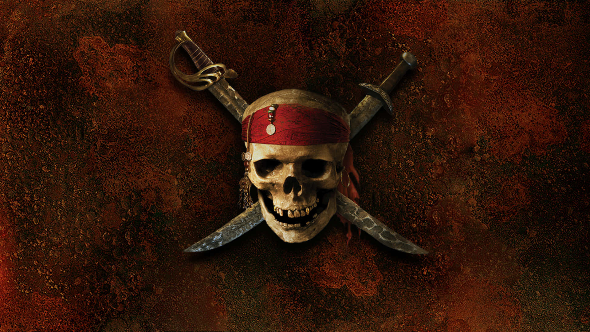 Pirates Of The Caribbean 桌布 壁紙 — 一個風化嘅海盜骷髏頭，戴住紅色頭巾，交叉嘅劍，放在粗糙嘅鏽色背景上。