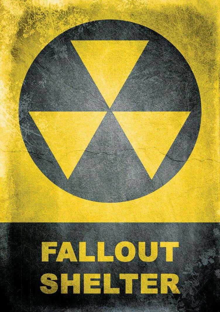 Fallout Shelter 桌布 壁紙 — 一個風化嘅黃色同黑色輻射避難所標誌，上面有粗體文字同三角形輻射符號。