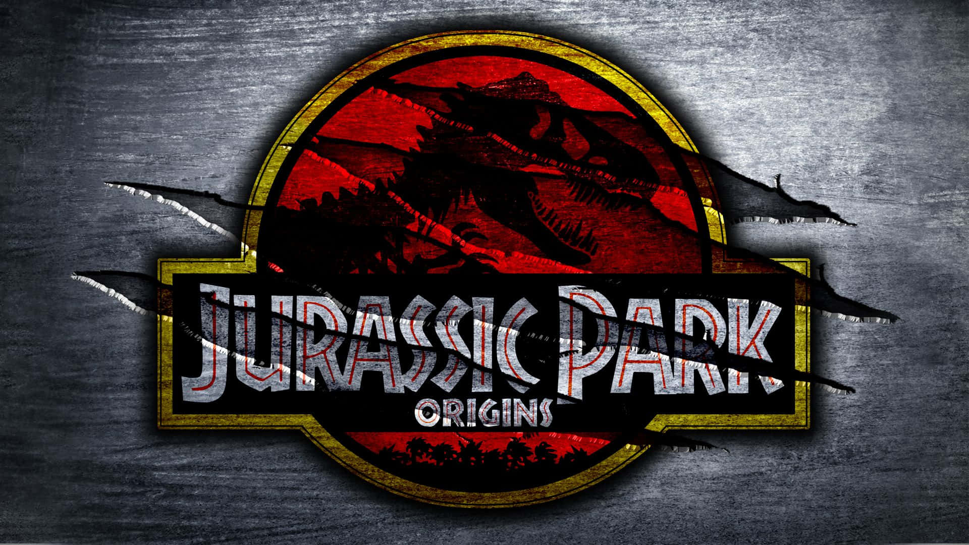 Jurassic Park Origins 標誌，金屬紋理上有爪痕。 — 侏羅紀公園 壁紙