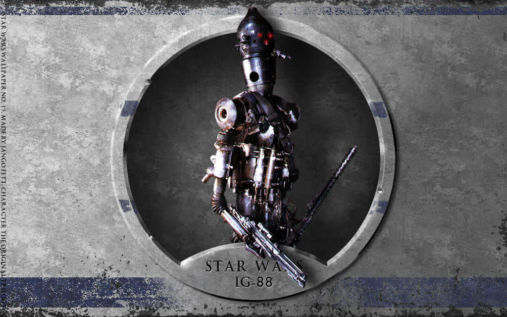 Ig-88 桌布 壁紙 — 一個風化的IG-88賞金獵人機械人站在圓形金屬框架內，背景是帶有藍色條紋的粗糙灰色牆壁。