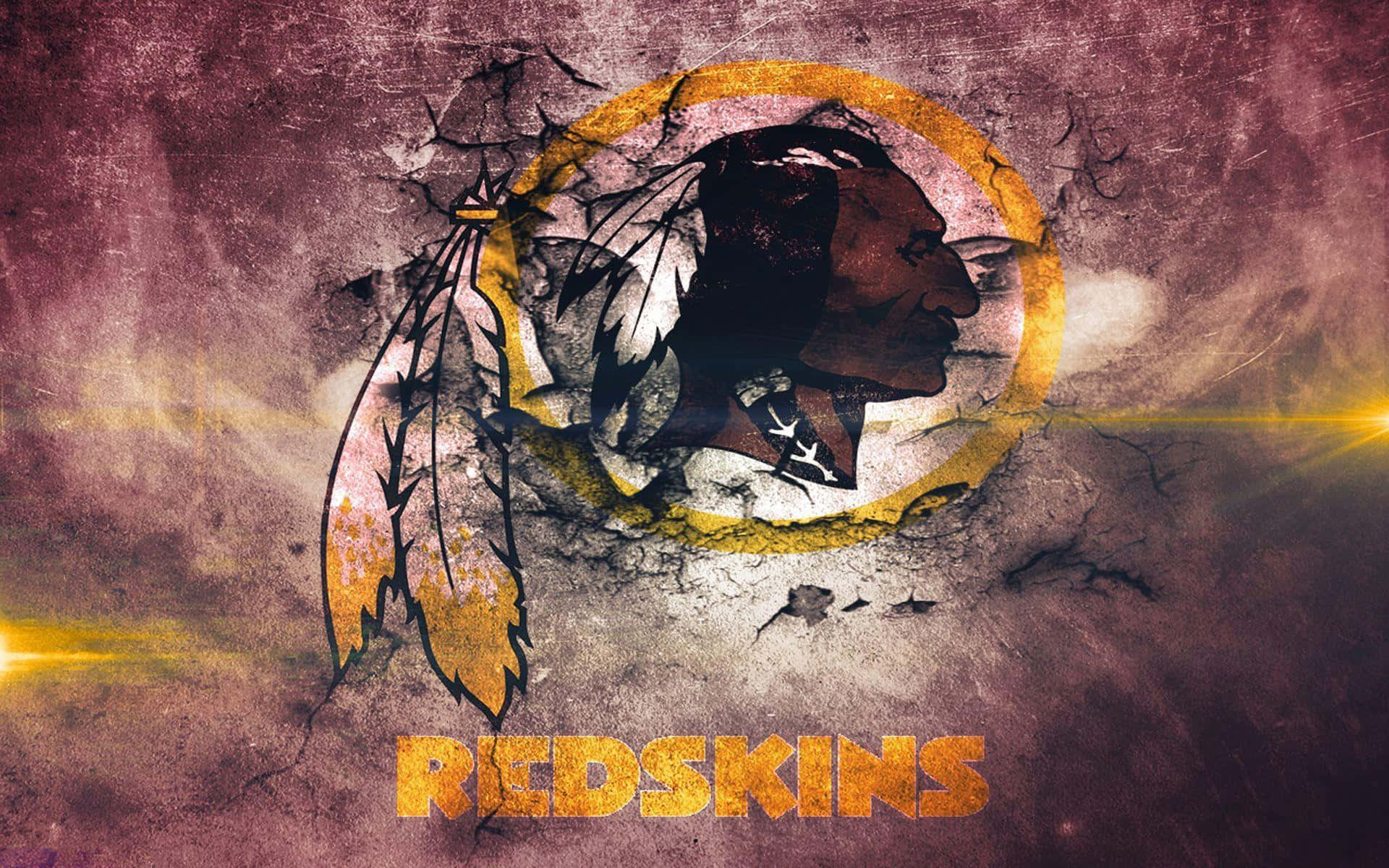 Washington Football 桌布 壁紙 — 一個風化的Redskins標誌從裂開的混凝土中浮現，帶有發光的黃色鏡頭光暈，背景是粗糙的栗色。