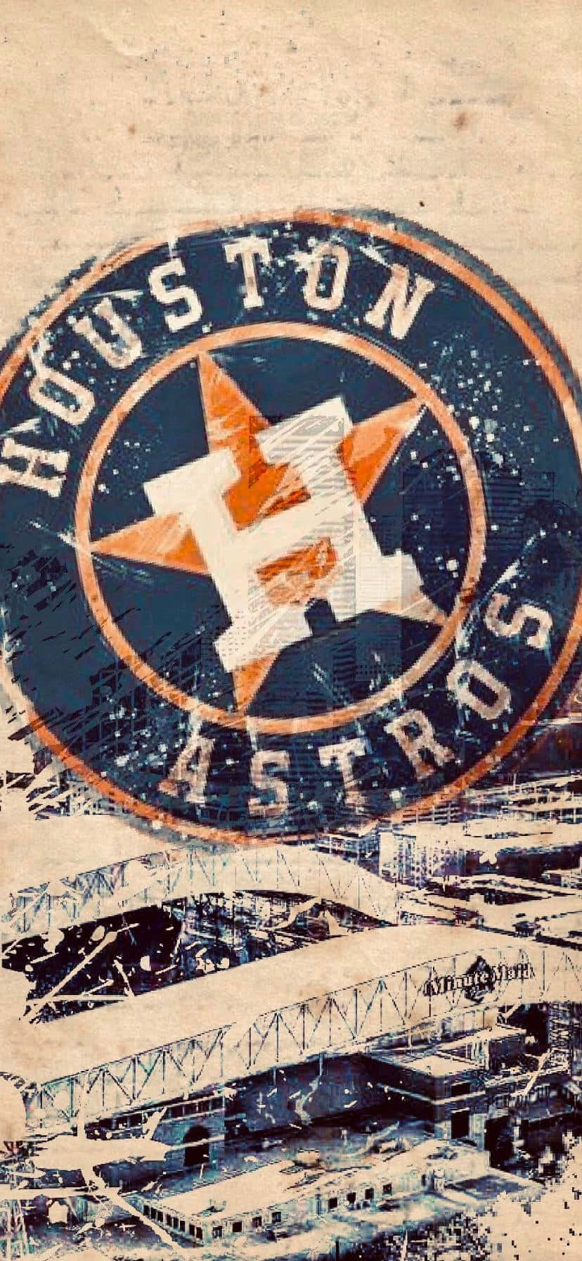 Astros 桌布 壁紙 — 一個風化的侯斯頓太空人標誌主導了粗糙的城市天際線，帶有復古的棕褐色調。