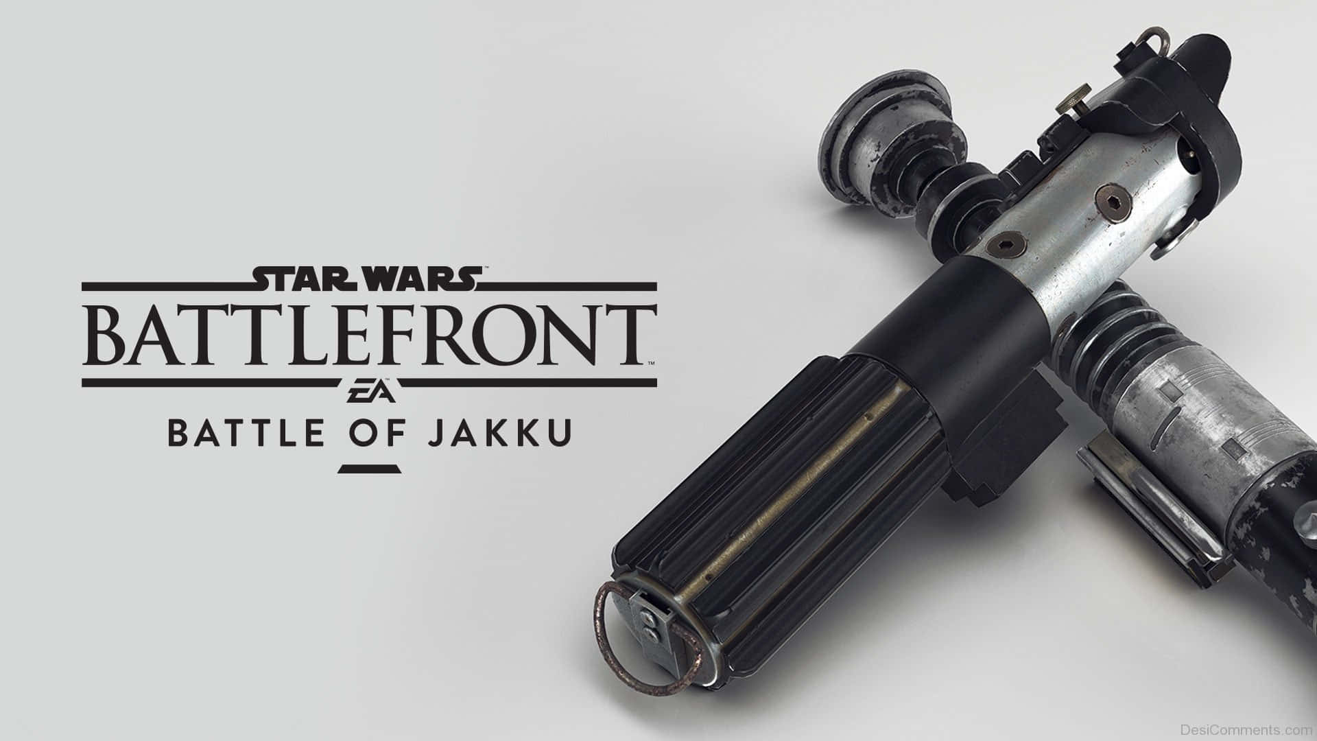 Jakku 桌布 壁紙 — 一個風化的光劍柄放在純白色背景上，旁邊是Star Wars Battlefront Battle of Jakku標誌。
