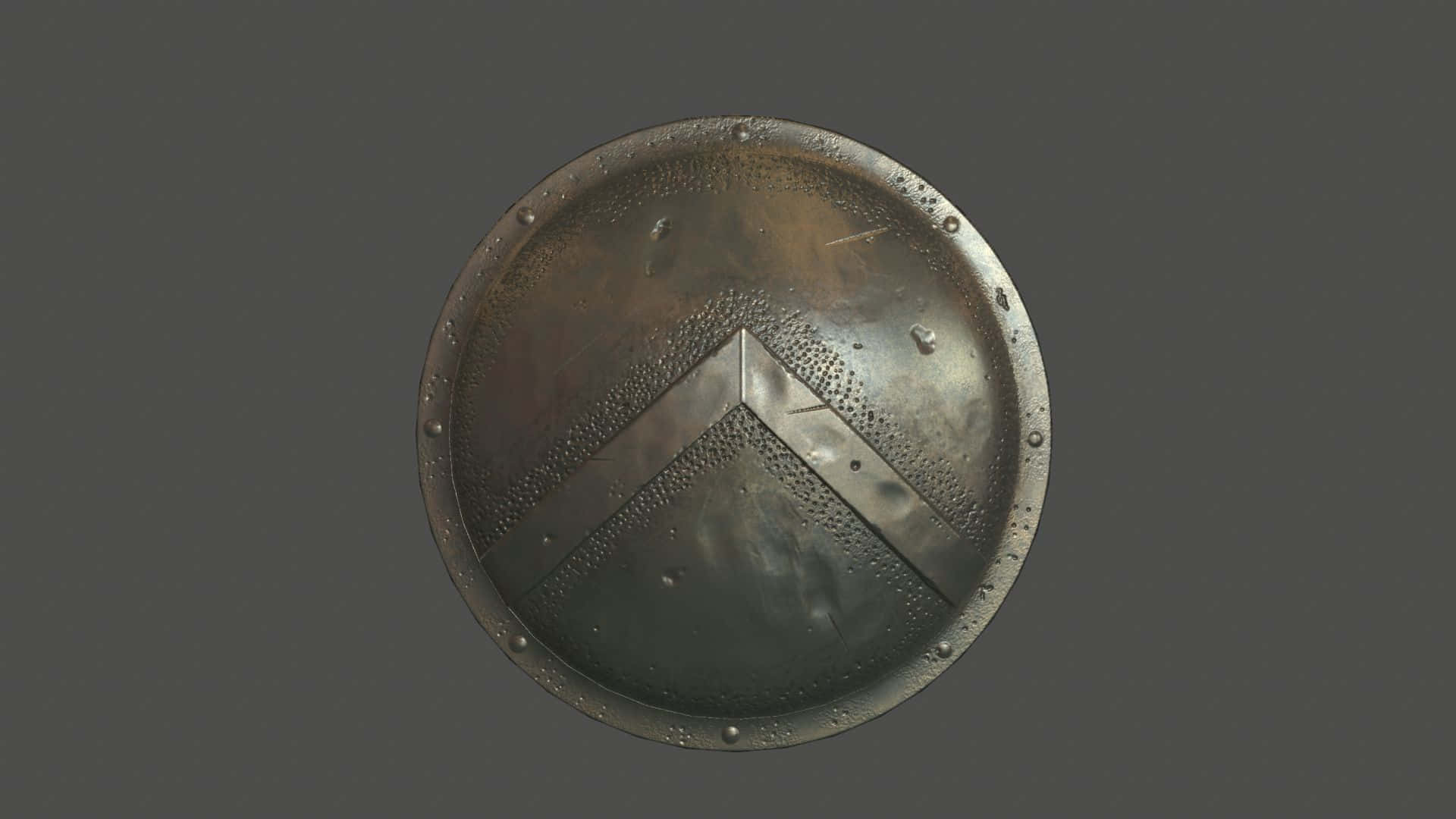 shield 桌布 壁紙 — 一個風化的圓形金屬盾牌，帶有V形圖案和鉚釘邊緣，背景為灰色。