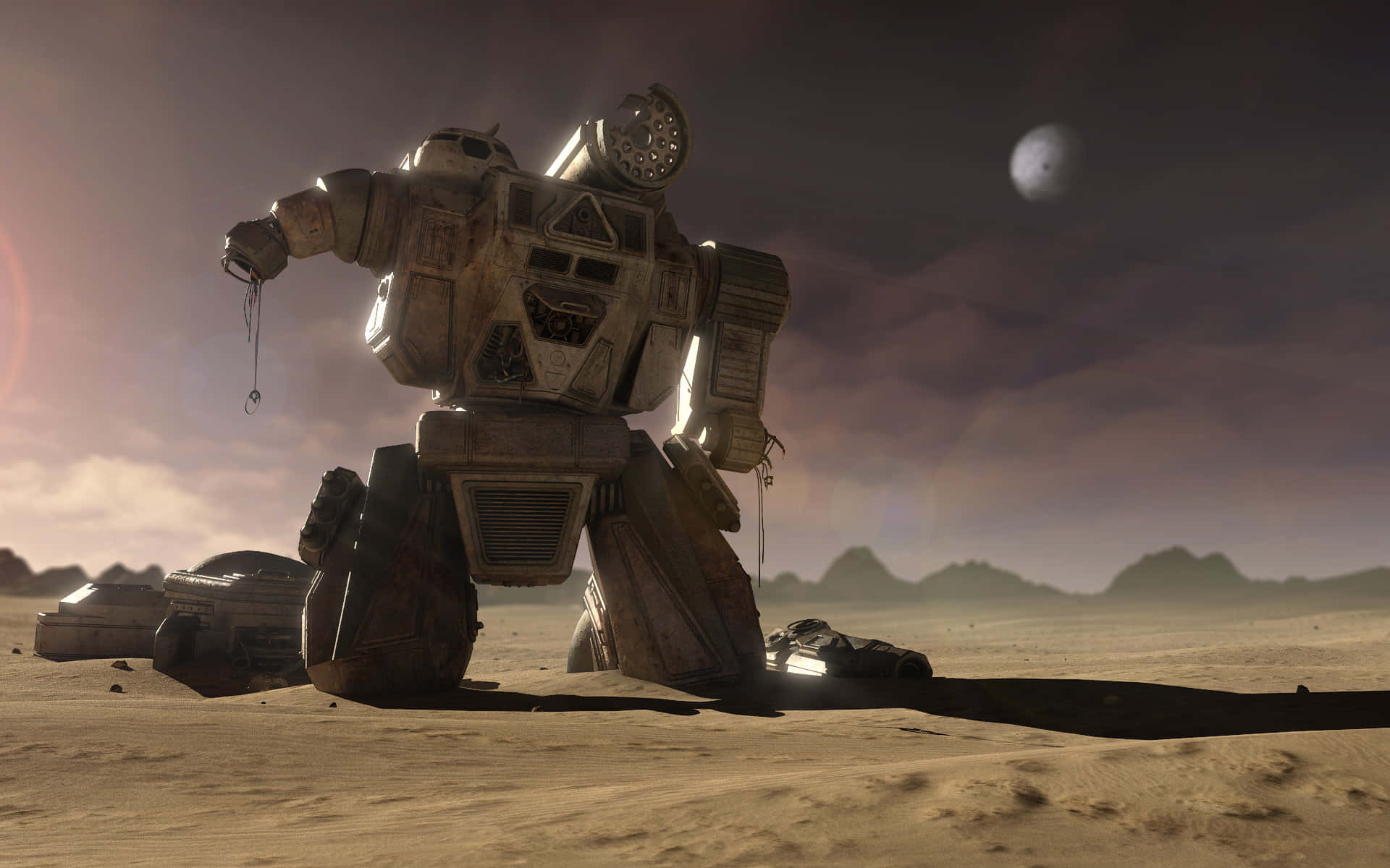 Battletech 桌布 壁紙 — 一個風化的巨型機械人喺荒涼嘅外星沙漠入面，喺有遙遠月亮嘅暮色天空下，爛咗企喺度。