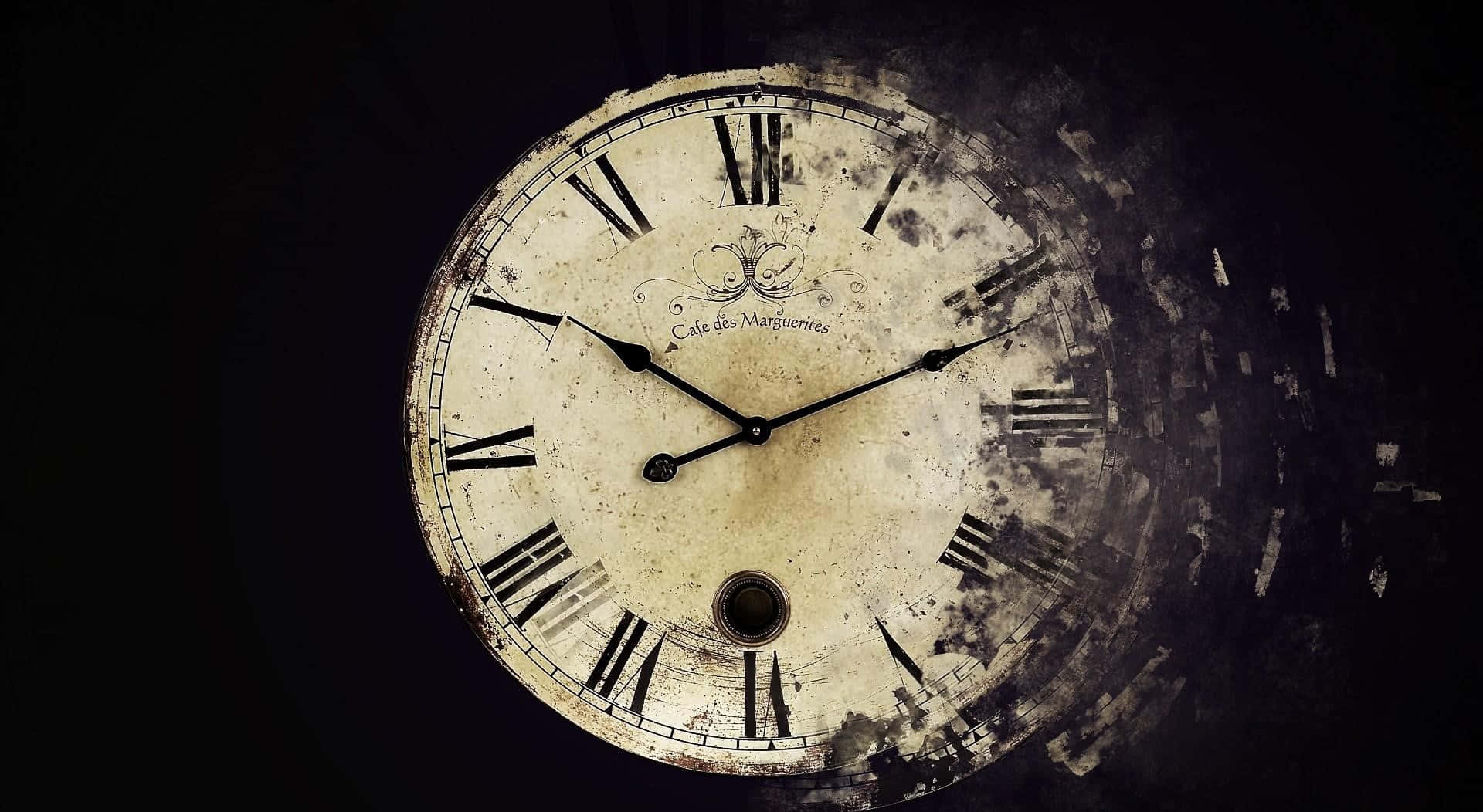 Time 桌布 壁紙 — 一個風化的復古鐘面，帶有羅馬數字和華麗字體，在深色背景上旋轉。