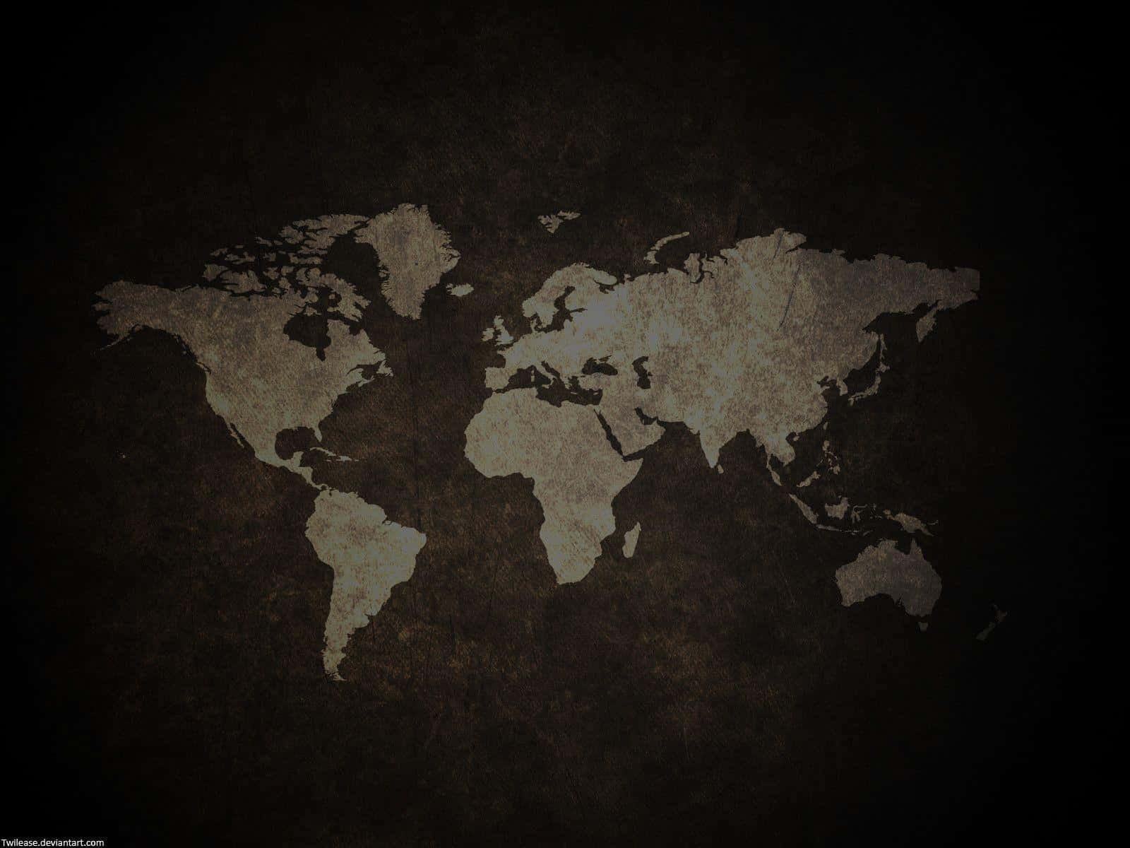 Global 桌布 壁紙 — 一個風化的米色世界地圖輪廓從帶有微妙頹廢細節的深色紋理背景中浮現。
