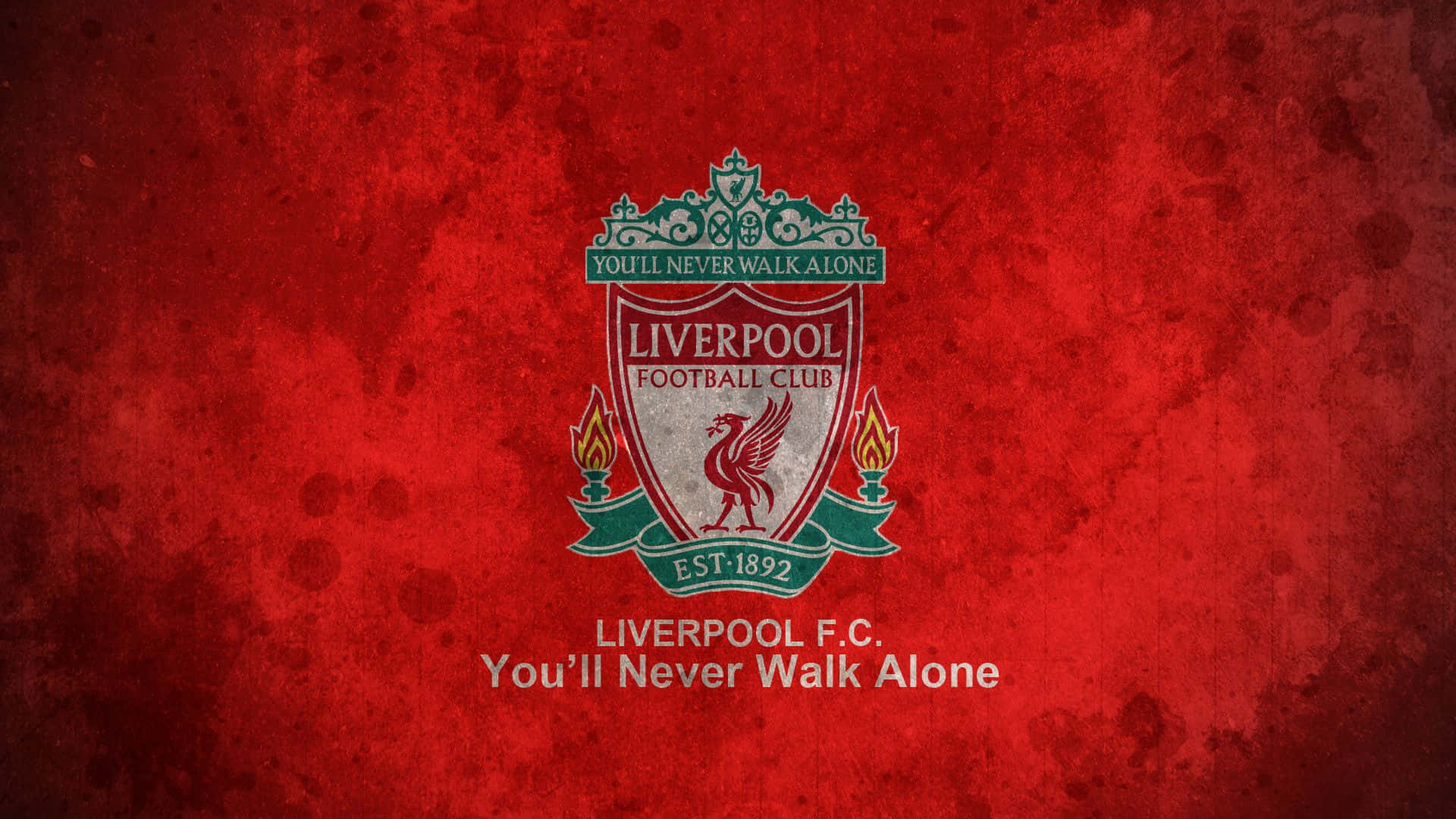 Liverpool Logo 桌布 壁紙 — 一個風化的紅色紋理背景，展示利物浦足球會徽章，上有紅色利物鳥和火焰，兩側是球會格言。