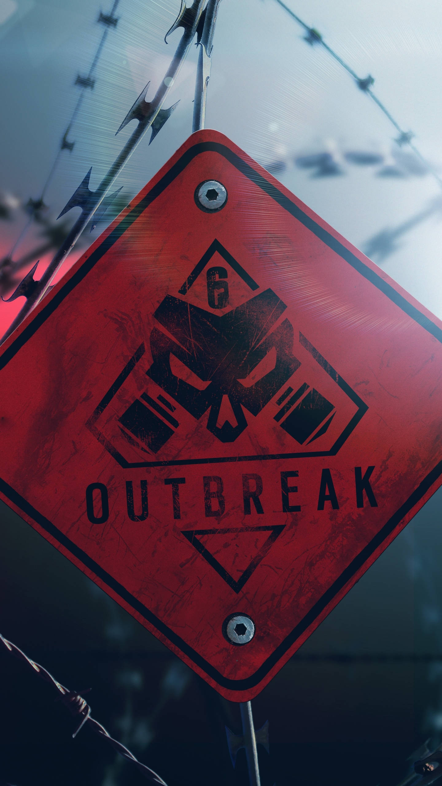 手機 桌布 壁紙 — 一個風化的紅色菱形警告牌，上面寫著「OUTBREAK」並帶有骷髏標誌，掛在鐵絲網後面，背景是陰沉天空。