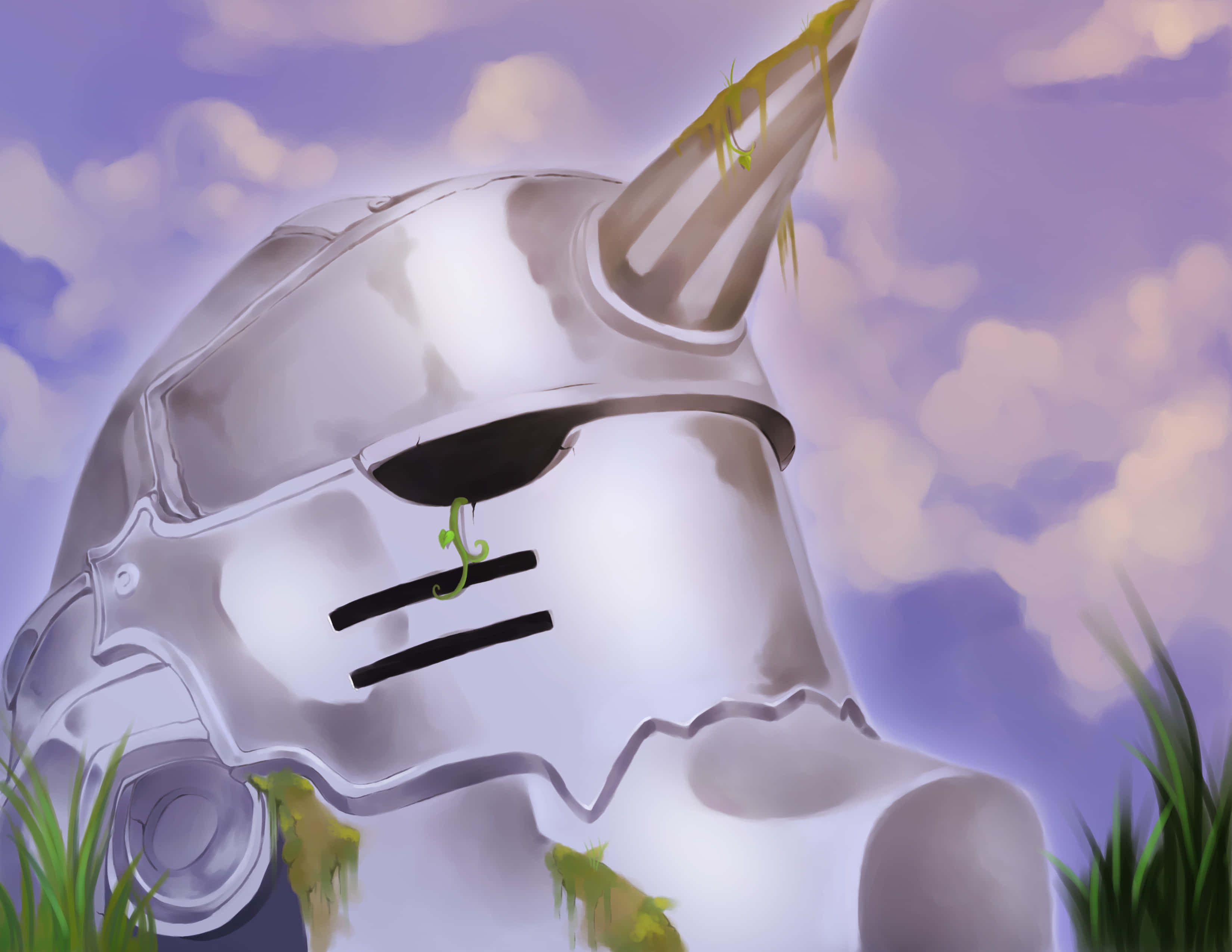 Alphonse Elric 桌布 壁紙 — 一個風化的銀色獨角獸頭盔，角部和邊緣長滿苔蘚和藤蔓，襯托著柔和的紫色天空。