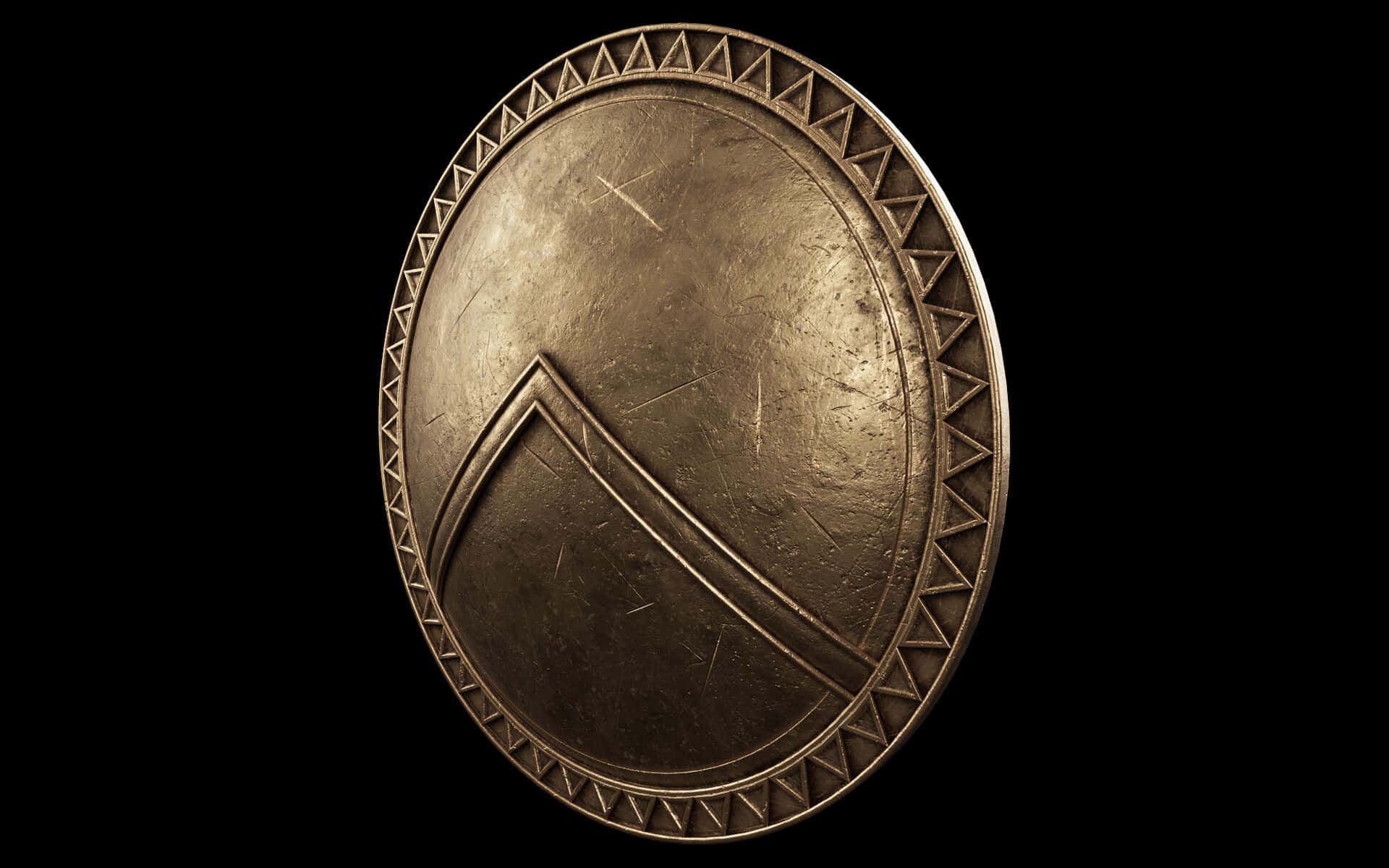 shield 桌布 壁紙 — 一個風化的青銅橢圓形盾牌，帶有三角形邊框和中央V形設計，背景為黑色。