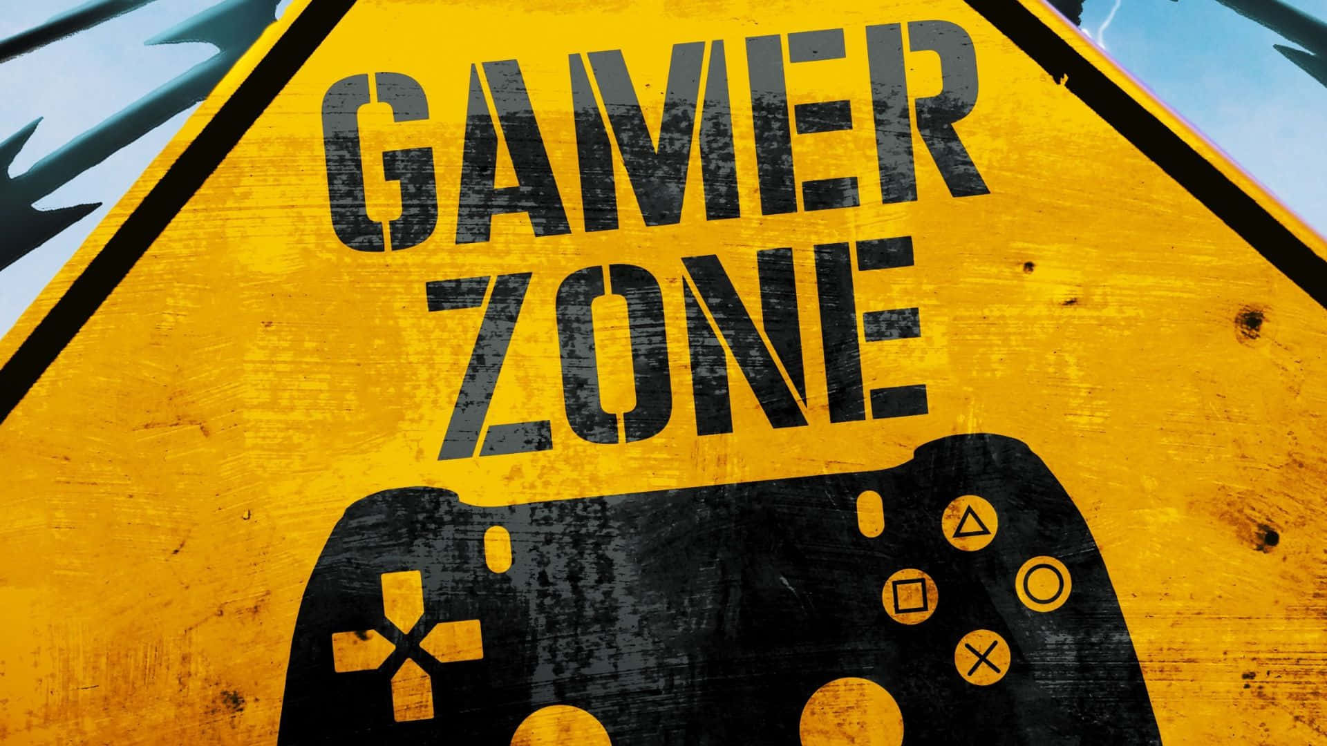 HD Gaming 桌布 壁紙 — 一個風化的黃色三角形標誌，上面寫著「GAMER ZONE」，下方有一個黑色的遊戲控制器圖案。