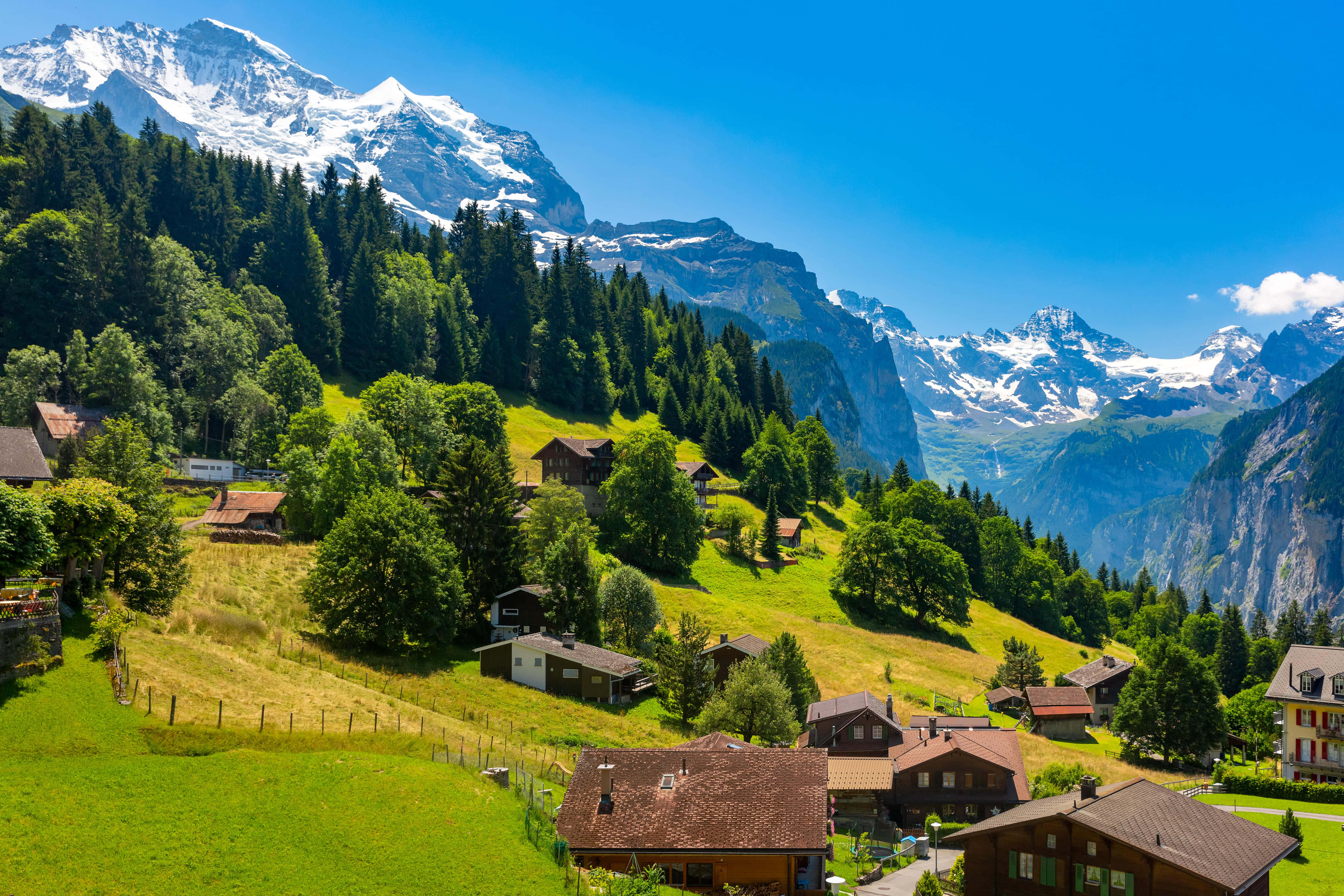 Switzerland 桌布 壁紙 — 一個風景如畫的阿爾卑斯山村，坐落在鬱鬱蔥蔥的綠色山丘中，白雪覆蓋的山峰在清澈的藍天下高聳入雲。