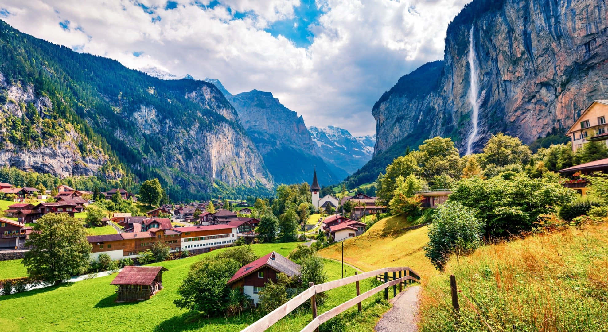Switzerland 桌布 壁紙 — 一個風景如畫的阿爾卑斯山村莊坐落在山谷中，雄偉的瀑布在部分多雲的天空下從懸崖傾瀉而下。