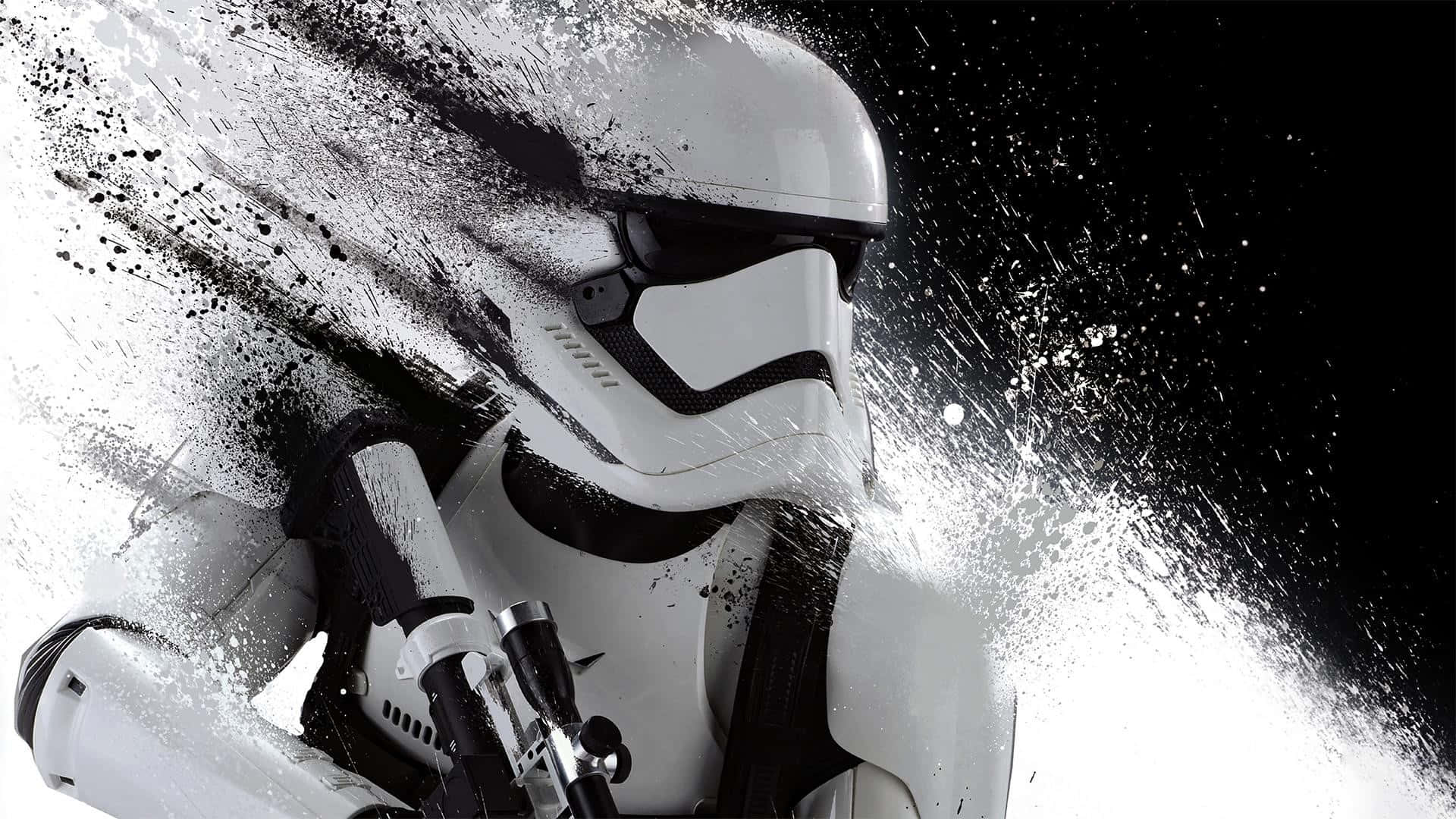 First Order 桌布 壁紙 — 一個風暴兵頭盔和裝甲在深色背景上突破動態的黑白油漆飛濺效果。