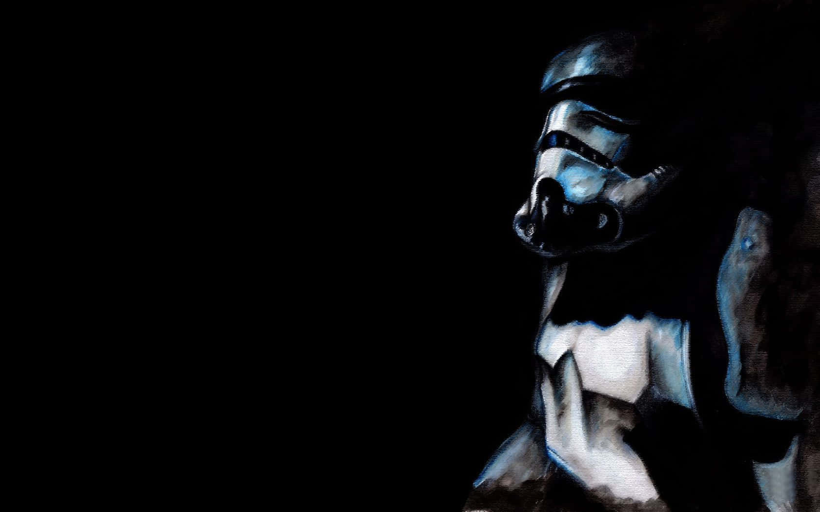 Cool Star Wars 桌布 壁紙 — 一個風暴兵頭盔在漆黑虛空中散發冷藍色光芒，以紋理油畫風格呈現。
