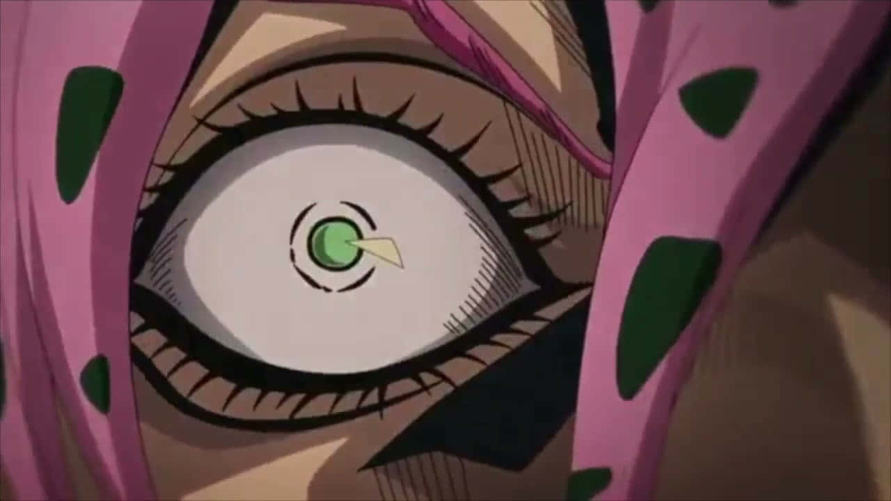 Jojo's Bizarre Adventure Diavolo 桌布 壁紙 — 一個風格化動漫眼睛的特寫，帶有綠色瞳孔和粉紅色斑點頭髮框住它。