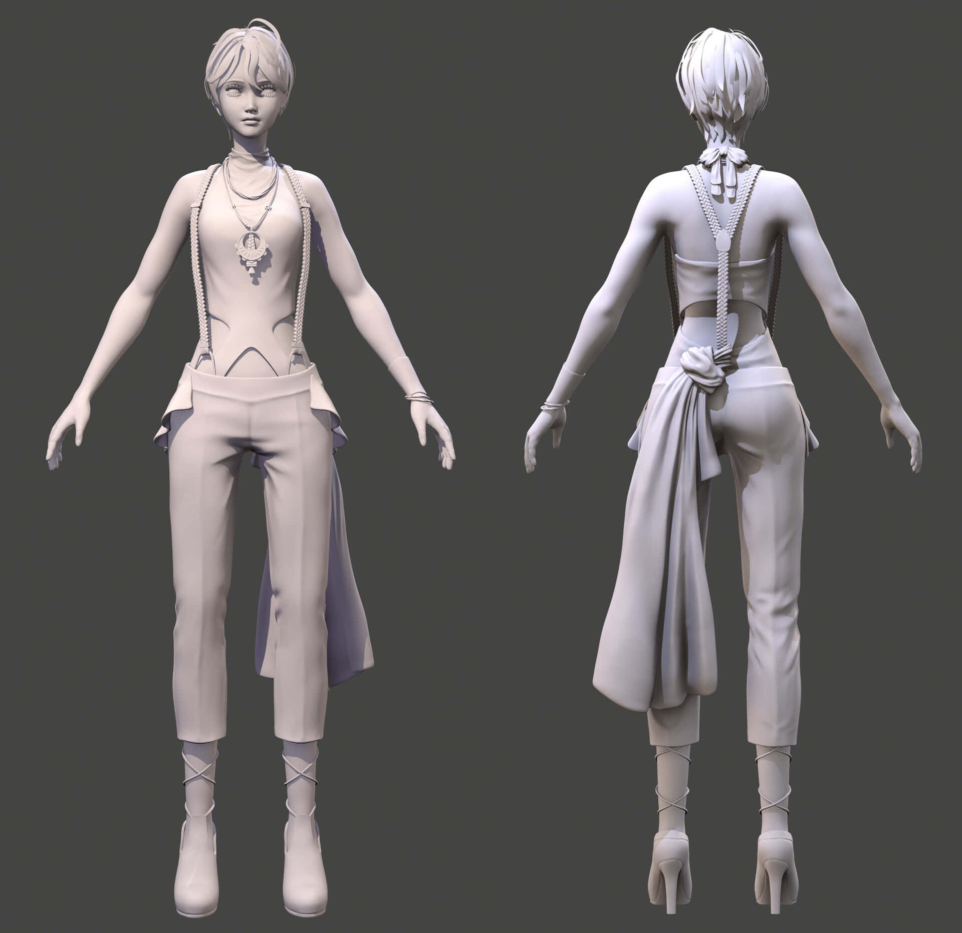 Iris Cannary 桌布 壁紙 — 一個風格化動漫角色的正面和背面3D渲染，短白髮，詳細服裝，純灰色背景。