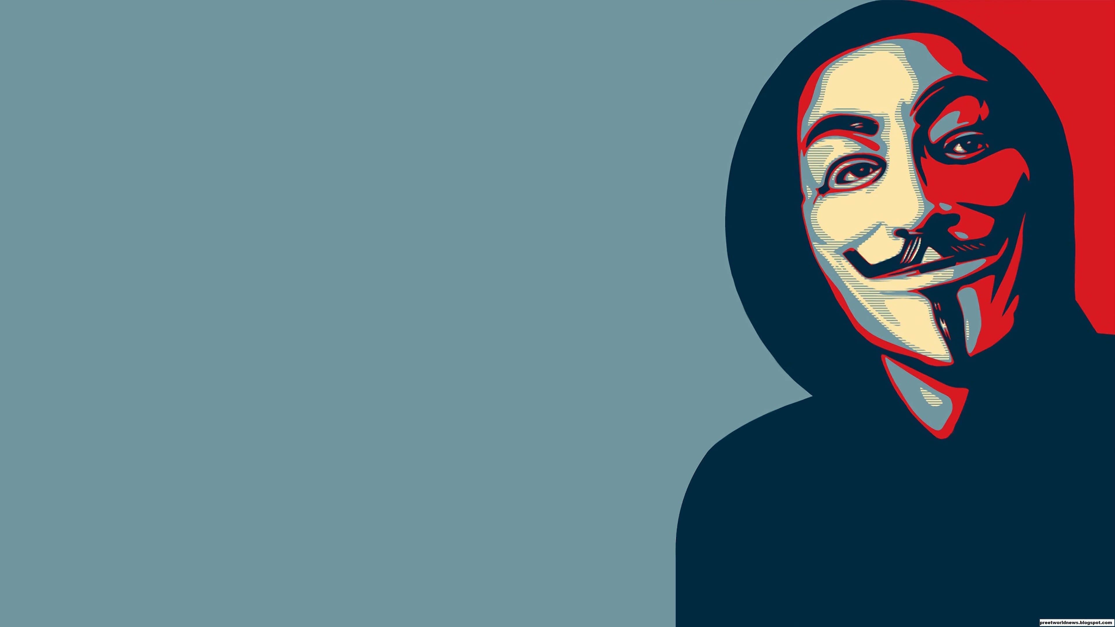 Anonymous 桌布 壁紙 — 一個風格化圖形，描繪一個人穿著連帽衫，戴著蓋伊·福克斯面具，背景為藍色和紅色分割。