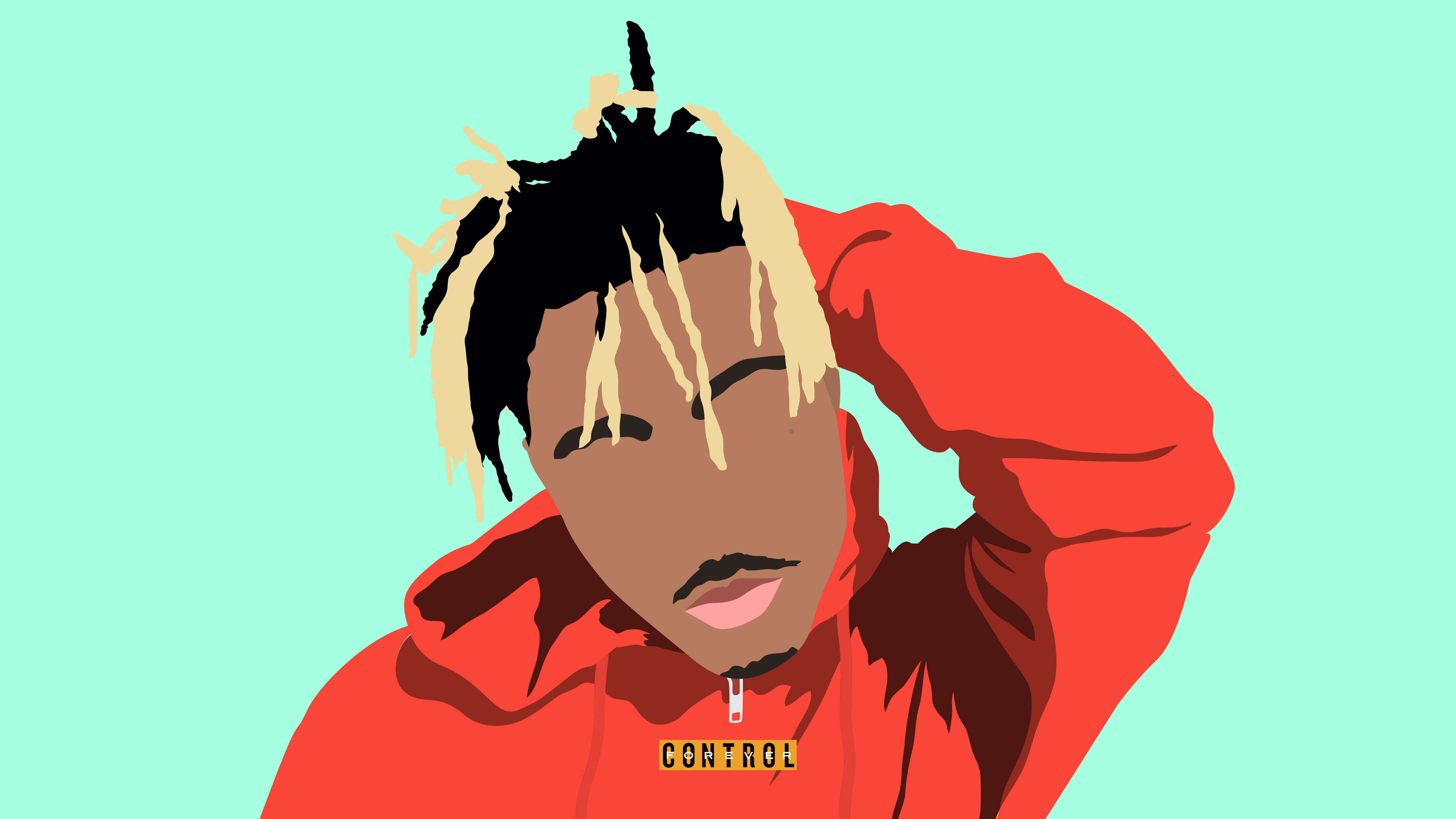 Juice WRLD 桌布 壁紙 — 一個風格化插圖，人物擁有黑色和金色辮子，穿著紅色連帽衫，胸前有control字樣，背景為薄荷綠色。