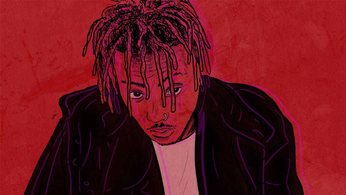 Juice WRLD 桌布 壁紙 — 一個風格化插圖，描繪一位留著辮子頭並戴鼻環的人，背景為有紋理的紅色。