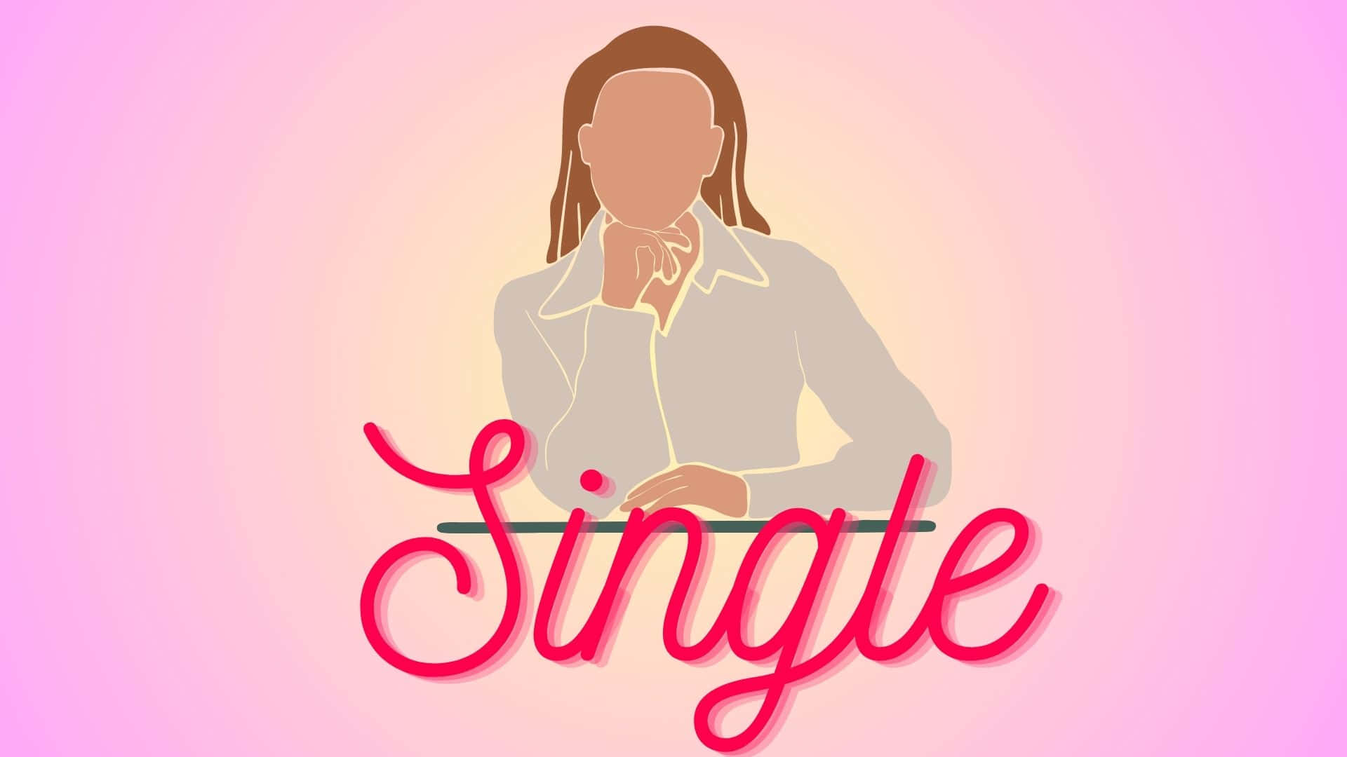 Single 桌布 壁紙 — 一個風格化插圖，描繪一位長髮人士坐在書桌前，下方有粗體粉紅色字樣「Single」。