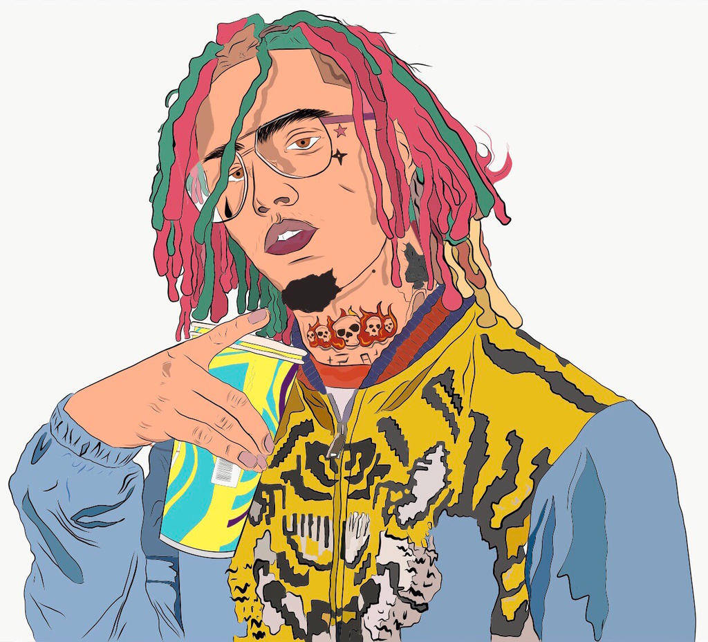 滴漏 桌布 壁紙 — 一個風格化插圖，描繪一個擁有色彩繽紛辮子的人，穿著虎紋外套，手持罐子。