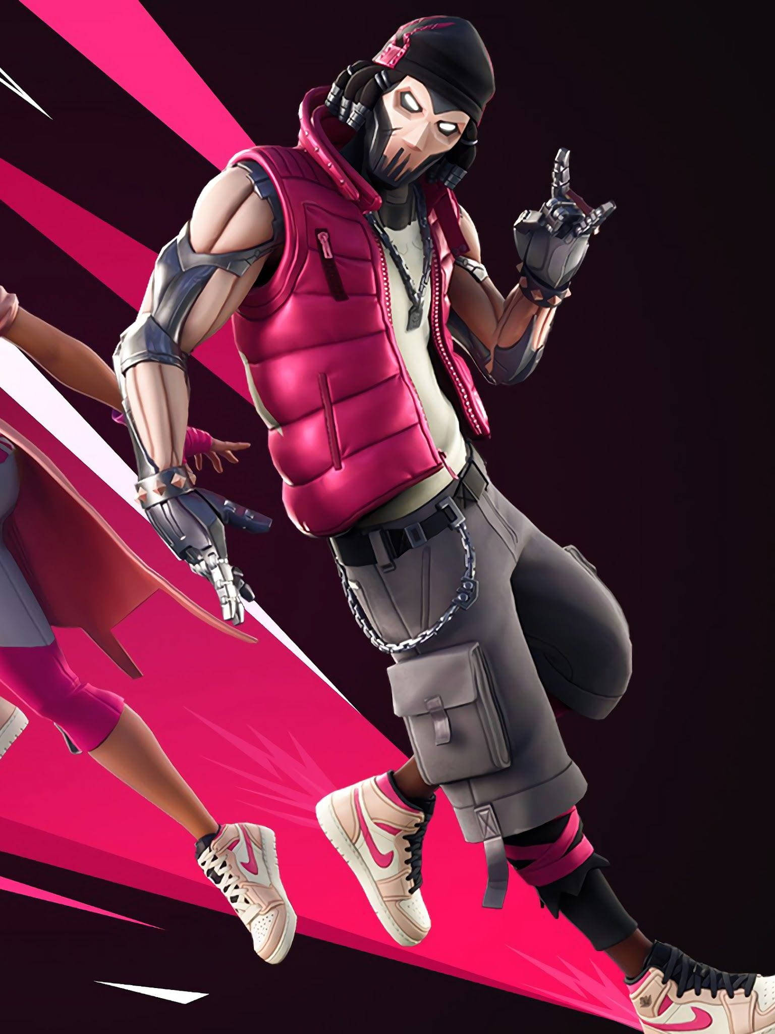 遊戲 桌布 壁紙 — 一個風格化的 Fortnite 角色，身穿粉紅色背心和黑色面具，在充滿活力的粉紅色和黑色背景前擺出動態姿勢。