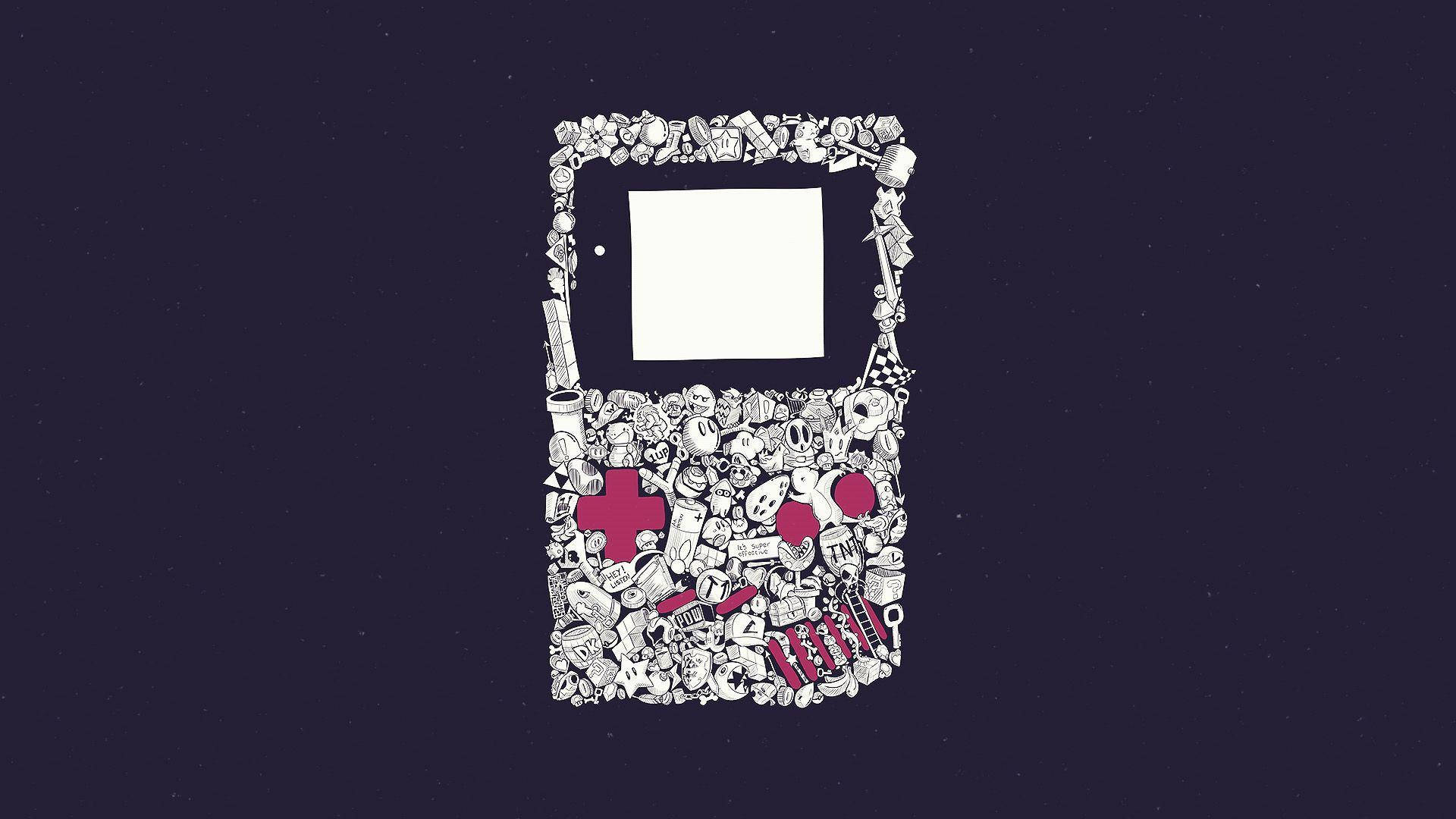 復古 桌布 壁紙 — 一個風格化的 Game Boy 輪廓，充滿混亂的白色塗鴉和粉紅色點綴，背景為深紫色。