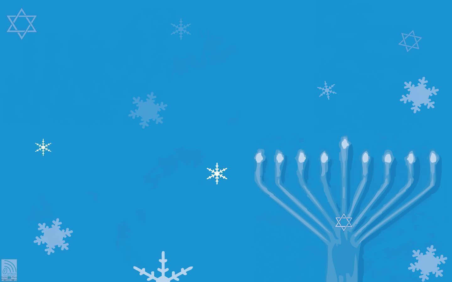 Hanukkah 桌布 壁紙 — 一個風格化的 menorah，上面有燃燒的蠟燭和雪花，漂浮在純藍色背景上，散落著星星。